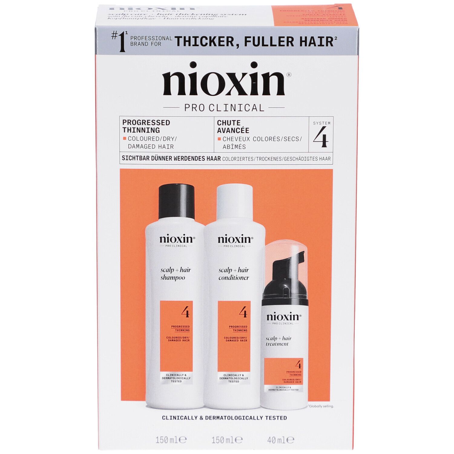 Nioxin System 4 Kit. Bevat shampoo, conditioner en treatment. Voor gekleurd, dunner wordend haar. Verpakking.