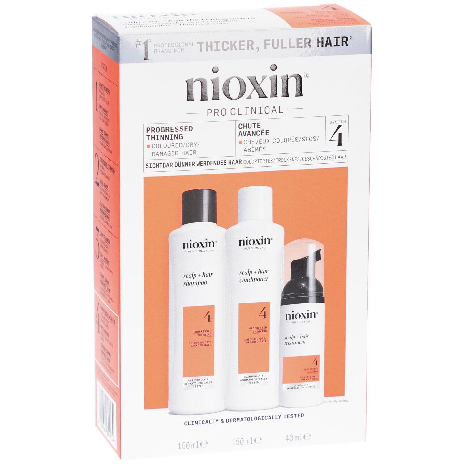 Nioxin System 4 Kit. Bevat shampoo, conditioner en treatment. Voor gekleurd, dunner wordend haar. Verpakking.