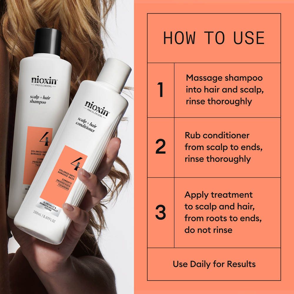 Nioxin Systeem 4: Shampoo, conditioner en haarverdichtende behandeling voor gekleurd, beschadigd haar.
