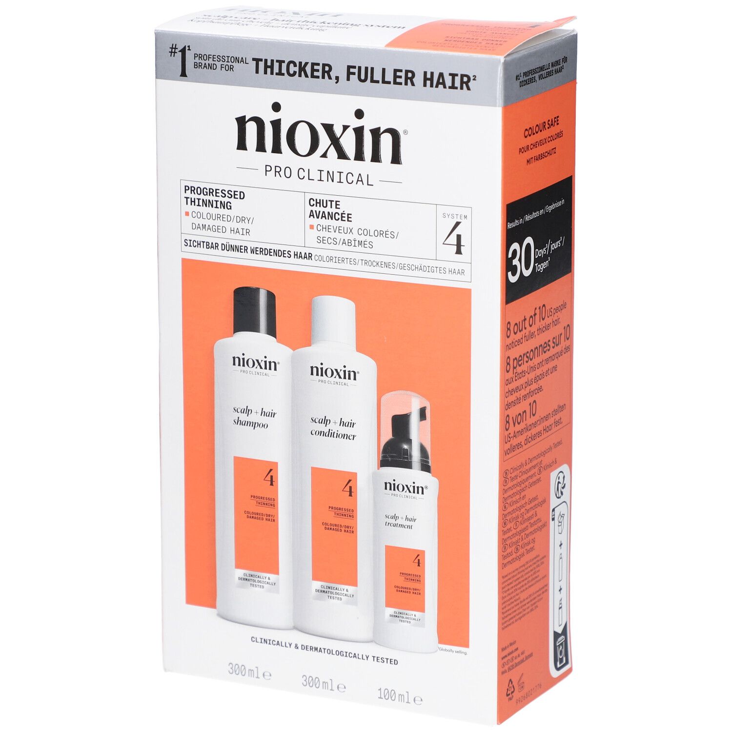 Nioxin System 4 Kit. Bevat shampoo, conditioner en treatment. Verpakking met productinformatie.