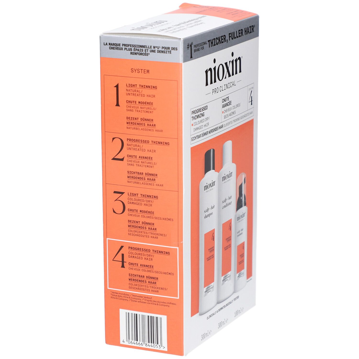 Nioxin System 4 Kit. Verpakking met productinformatie. Bevat shampoo, conditioner en treatment.