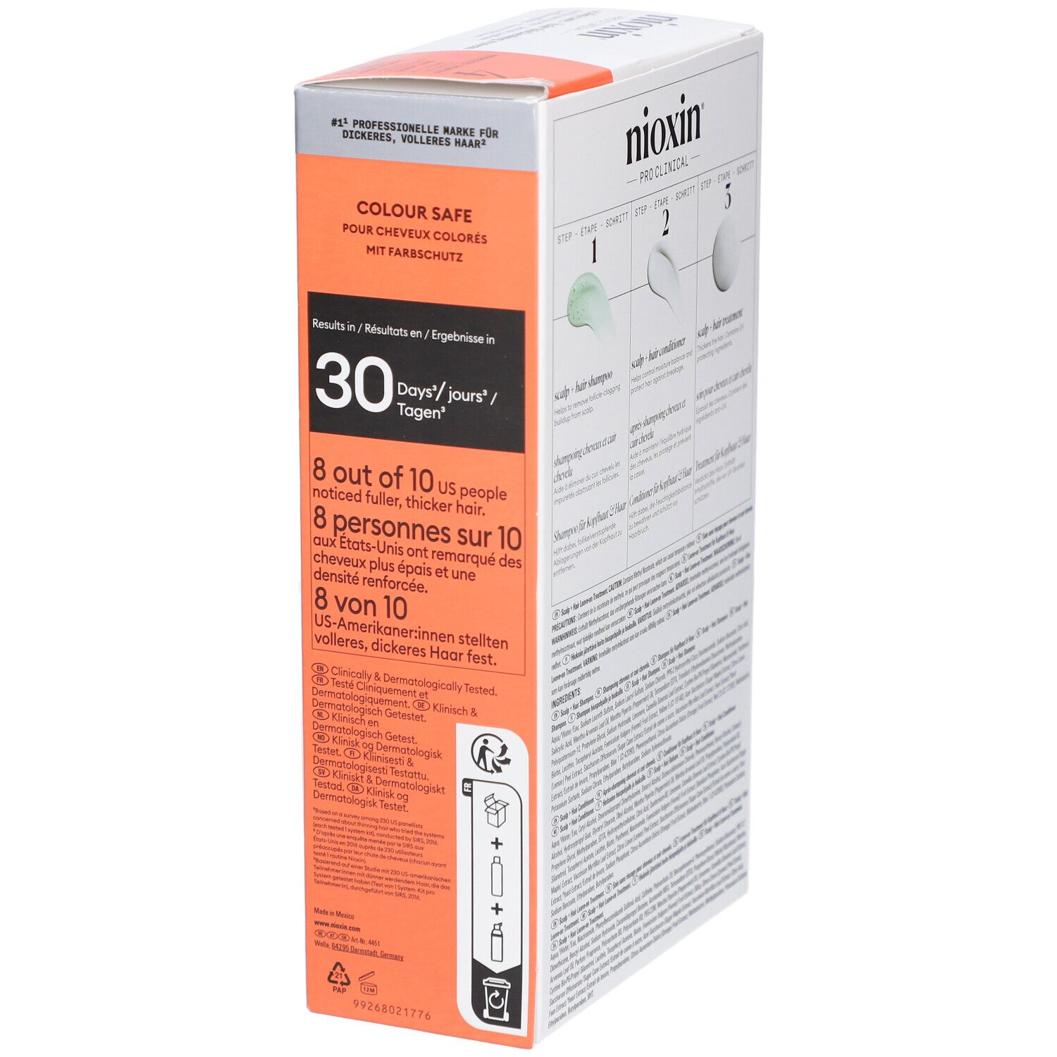 Nioxin System 4 verpakking. Bevat informatie over effectiviteit en ingrediënten. Meertalig.