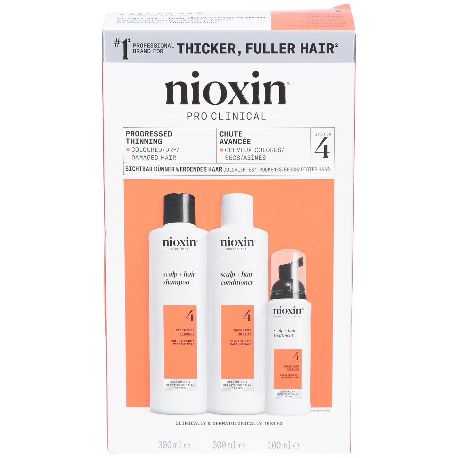 Nioxin System 4 Kit. Bevat shampoo, conditioner en treatment. Verpakking met productinformatie.