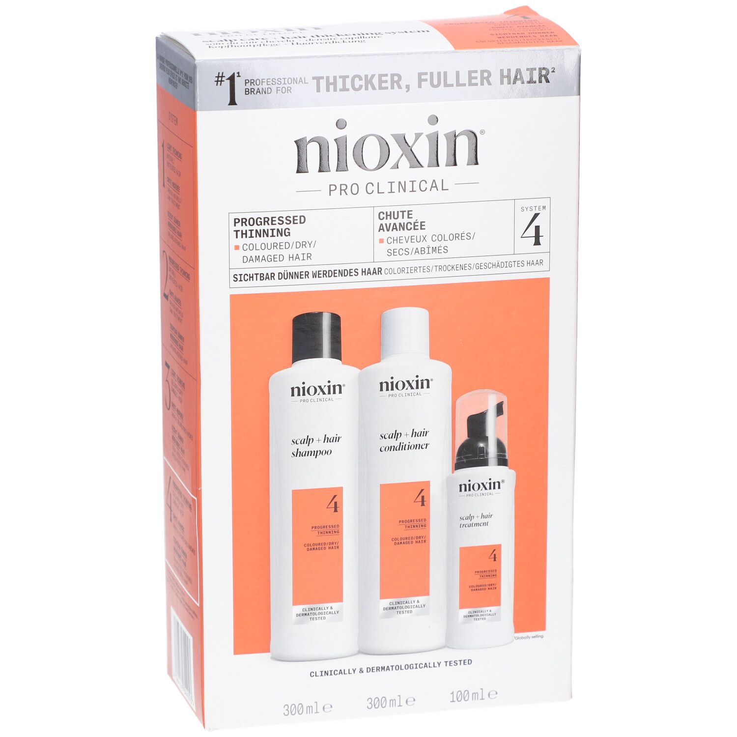Nioxin System 4 Kit. Bevat shampoo, conditioner en treatment. Verpakking met productinformatie.