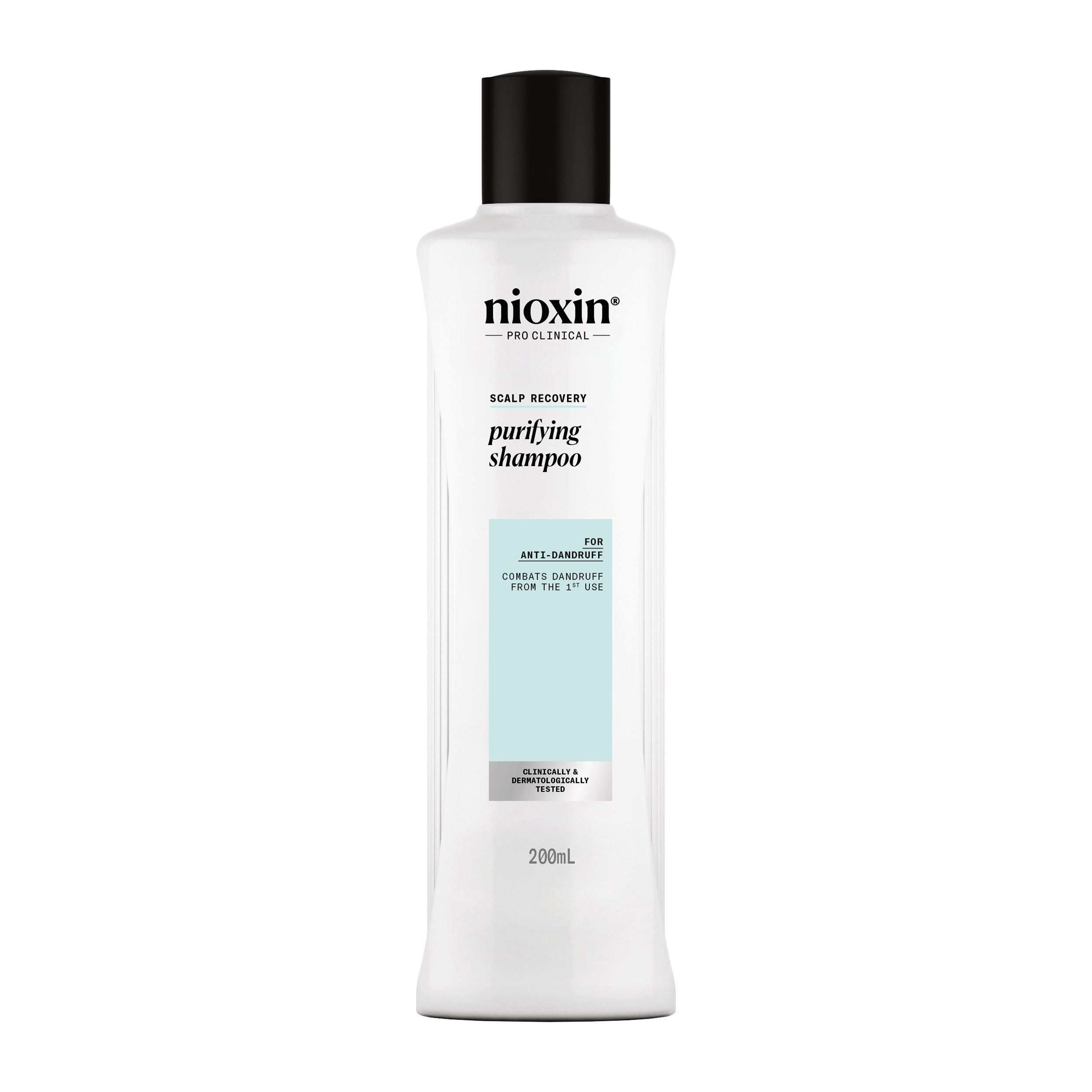 Flacon blanc, bouchon noir. Inscription: Nioxin, Scalp Recovery, purifying shampoo. Texte: For anti-dandruff. 200ml.