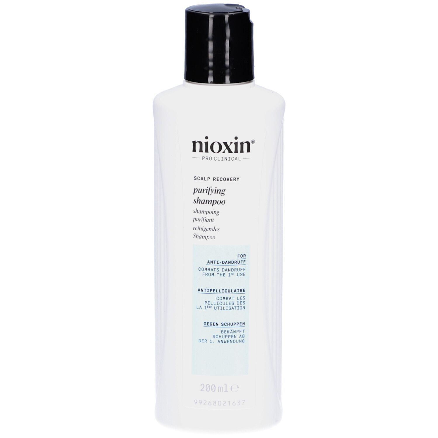 Witte fles met zwarte dop. Opschrift: Nioxin, Scalp Recovery, purifying shampoo. Tekst: For anti-dandruff. Tegen roos.