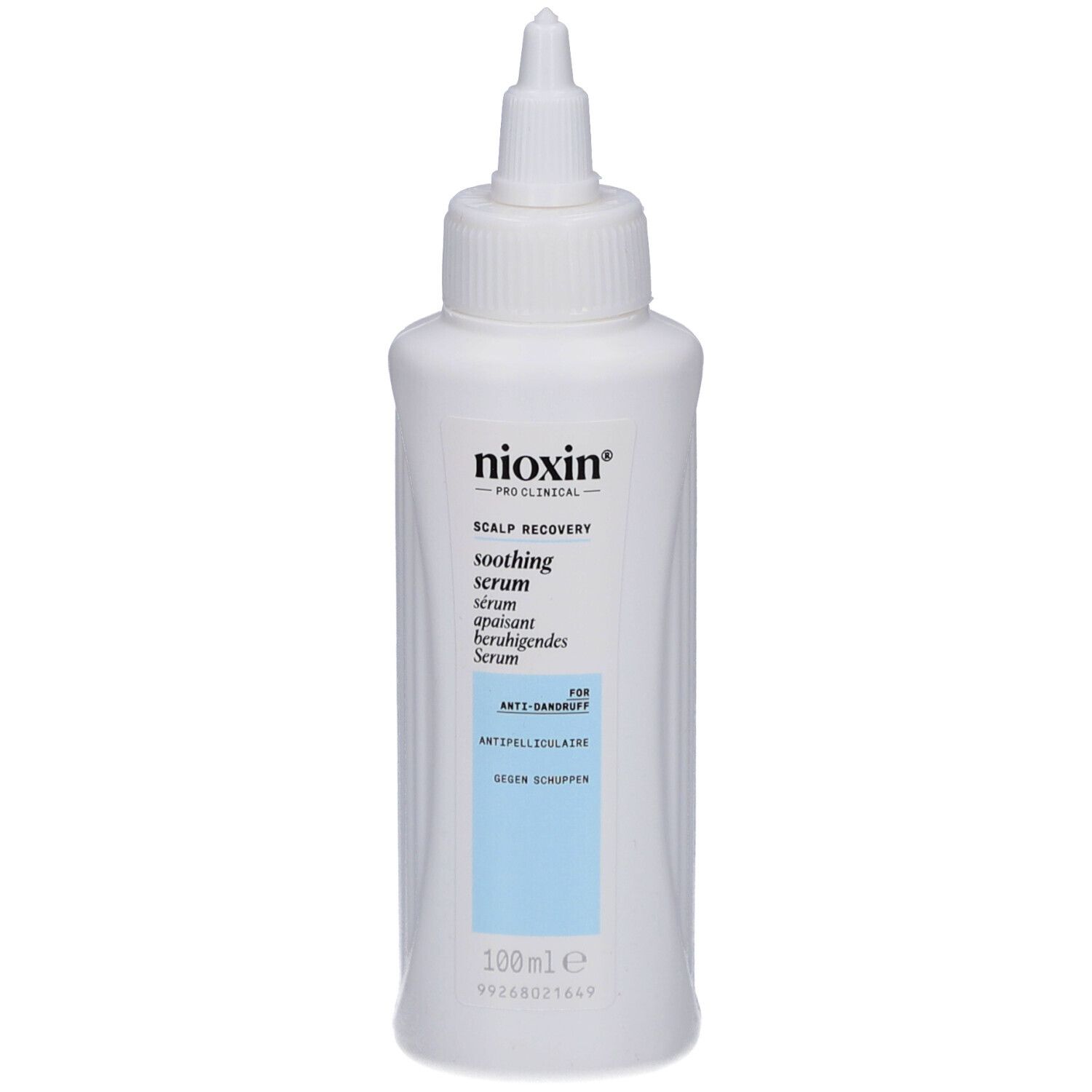 Flacon blanc avec applicateur. Inscription : Nioxin, Scalp Recovery, sérum apaisant. Pour anti-pelliculaire.