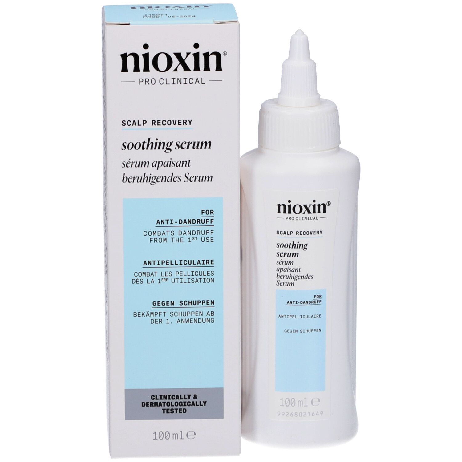 Emballage du produit avec flacon et boîte. Inscription : Nioxin, Scalp Recovery, sérum apaisant. Anti-pelliculaire.