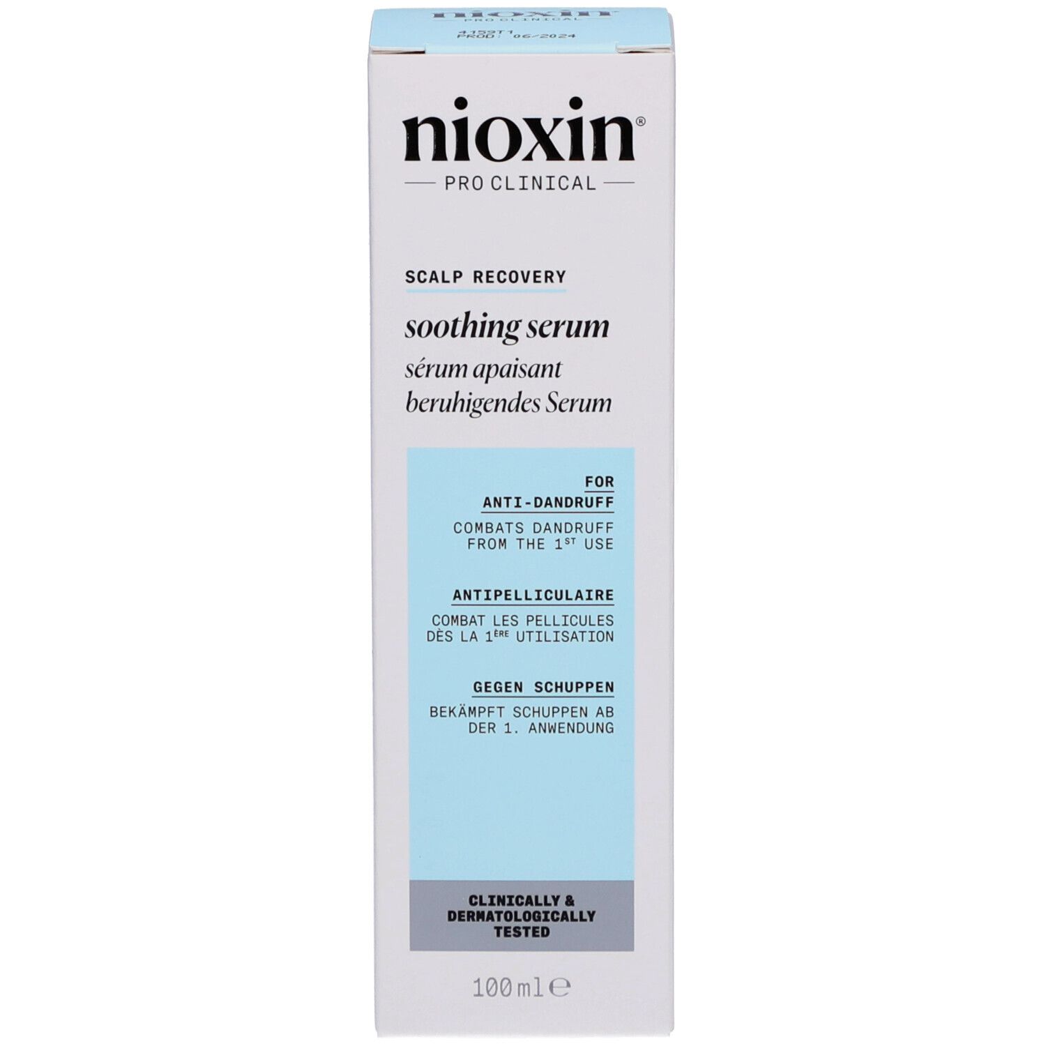 Emballage du produit. Inscription : Nioxin, Scalp Recovery, sérum apaisant. Anti-pelliculaire. 100ml.