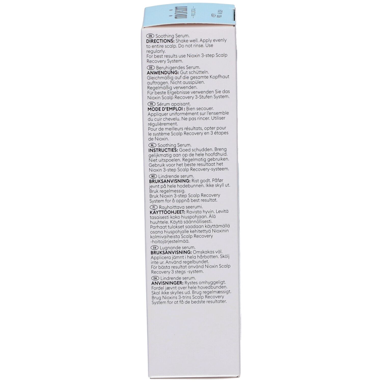 Dos de l'emballage du produit. Texte multilingue. Instructions et ingrédients.