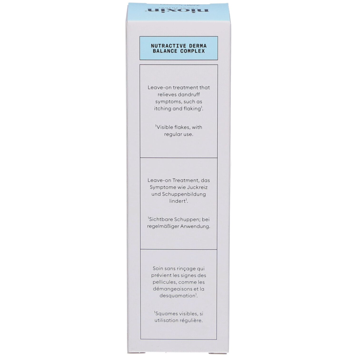 Côté de l'emballage du produit. Texte : Nutractive Derma Balance Complex. Informations sur les ingrédients.