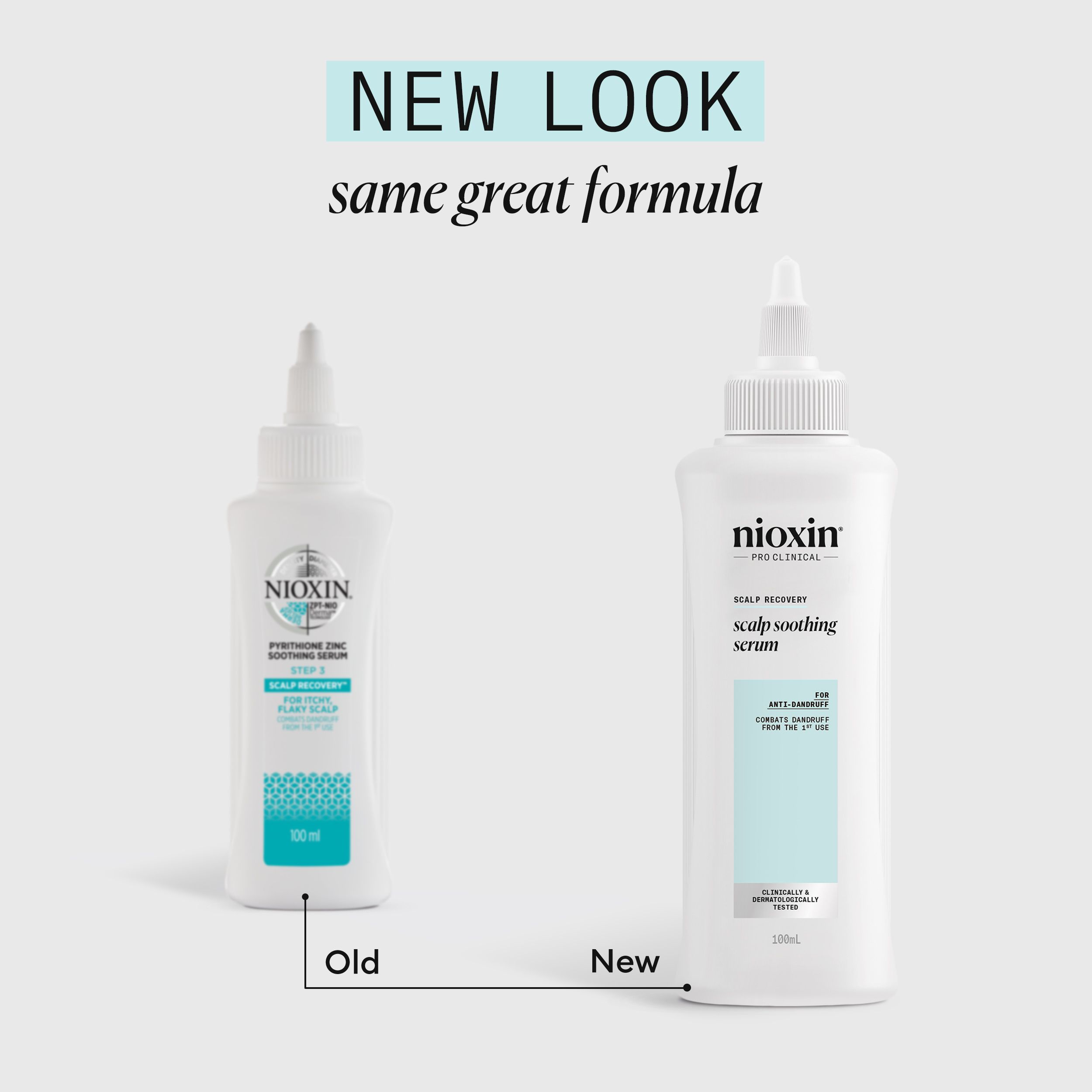 Comparaison ancien et nouveau flacon. Inscription : Nioxin, Scalp Recovery, sérum apaisant. Même formule.