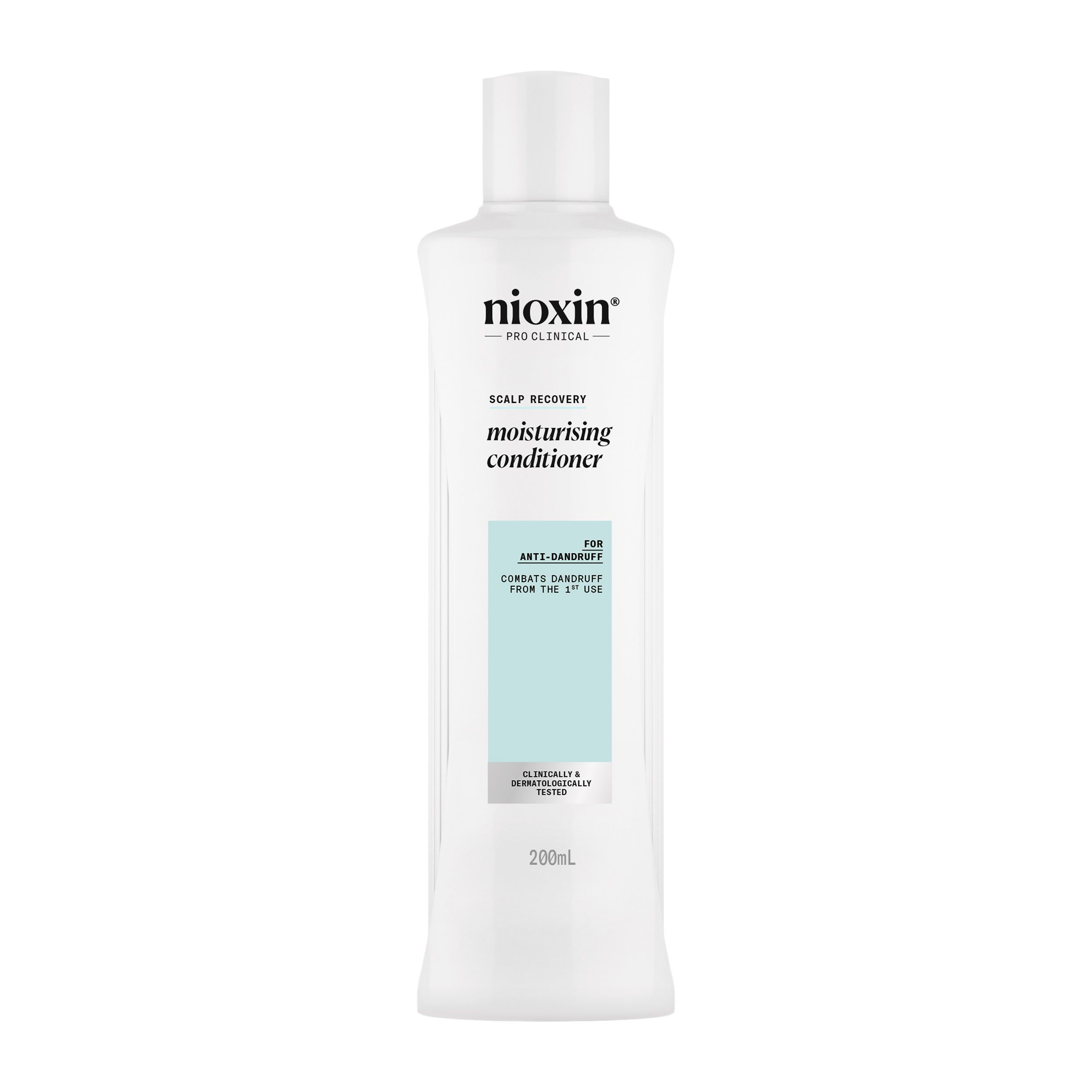 Flacon blanc Nioxin Scalp Recovery. Texte: Anti-pelliculaire, après-shampooing hydratant. 200ml.