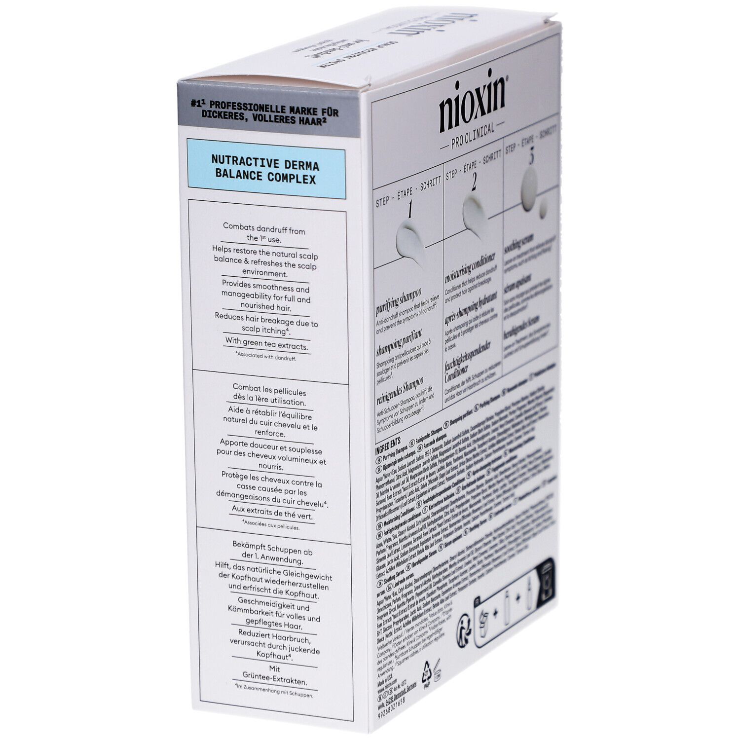 Boîte du kit Nioxin Scalp Recovery, vue latérale. Contient des informations sur l'utilisation. Design blanc et bleu. Texte : Anti-pelliculaire.