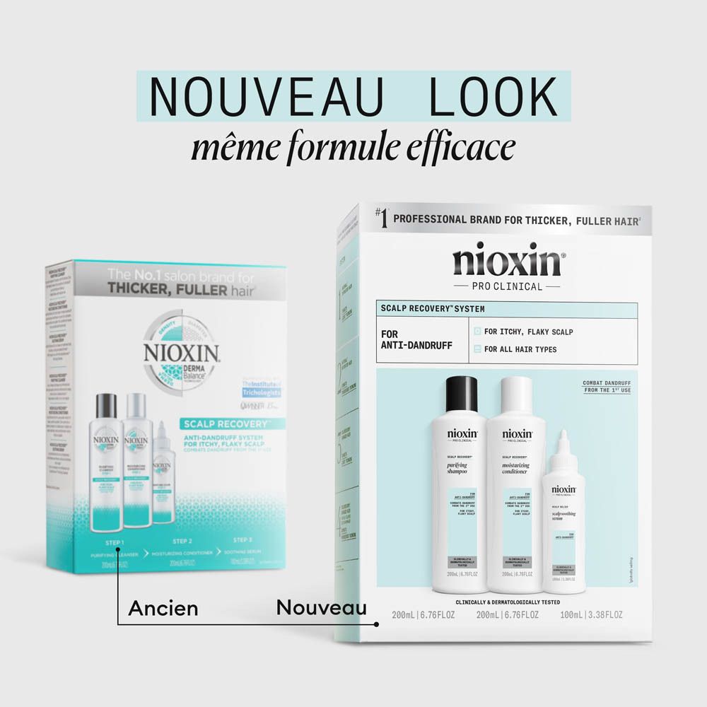 Set Nioxin Scalp Recovery : Shampooing purifiant, Après-shampooing hydratant, Sérum apaisant.