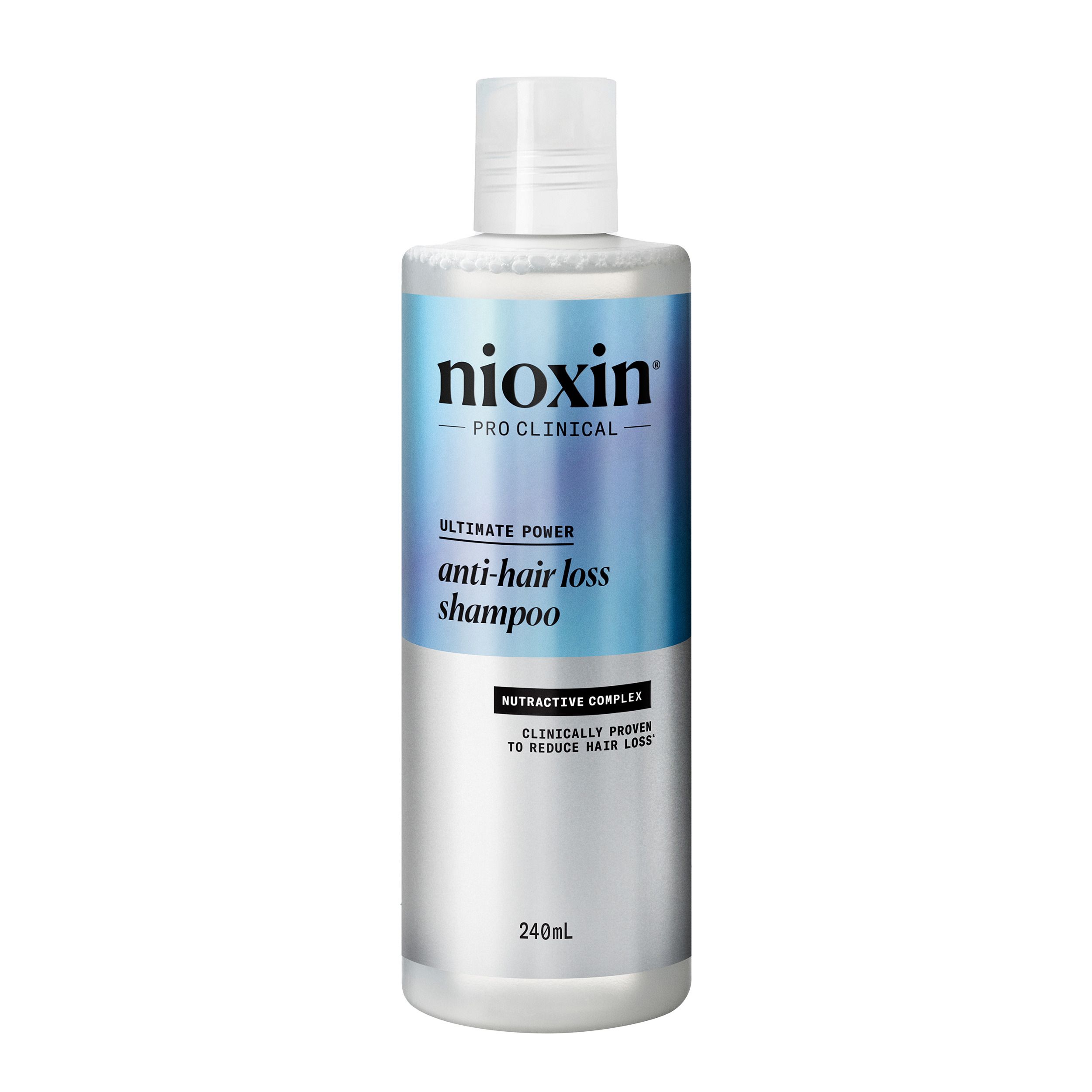 Nioxin Pro Clinical Anti-haaruitval shampoo. Witte fles met blauw-zilveren etiket. Tekst: Ultimate Power, 240 ml.