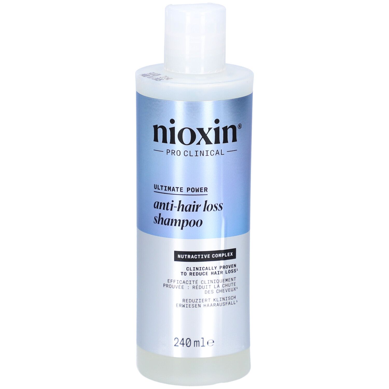 Nioxin Pro Clinical Anti-haaruitval shampoo. Witte fles met blauw-zilveren etiket. Tekst: Ultimate Power, 240 ml.