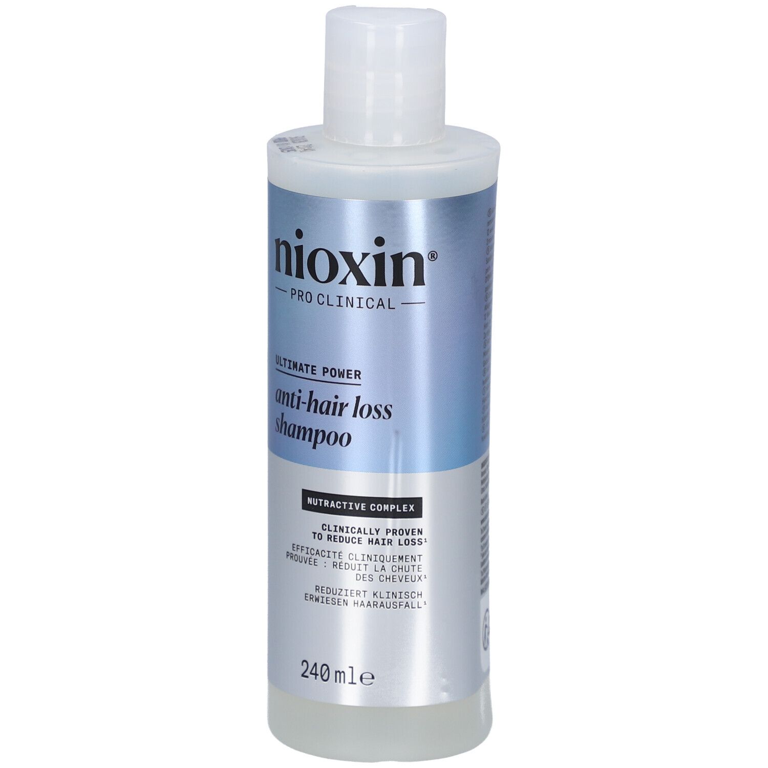 Nioxin Pro Clinical Anti-haaruitval shampoo. Witte fles met blauw-zilveren etiket. Tekst: Ultimate Power, 240 ml.