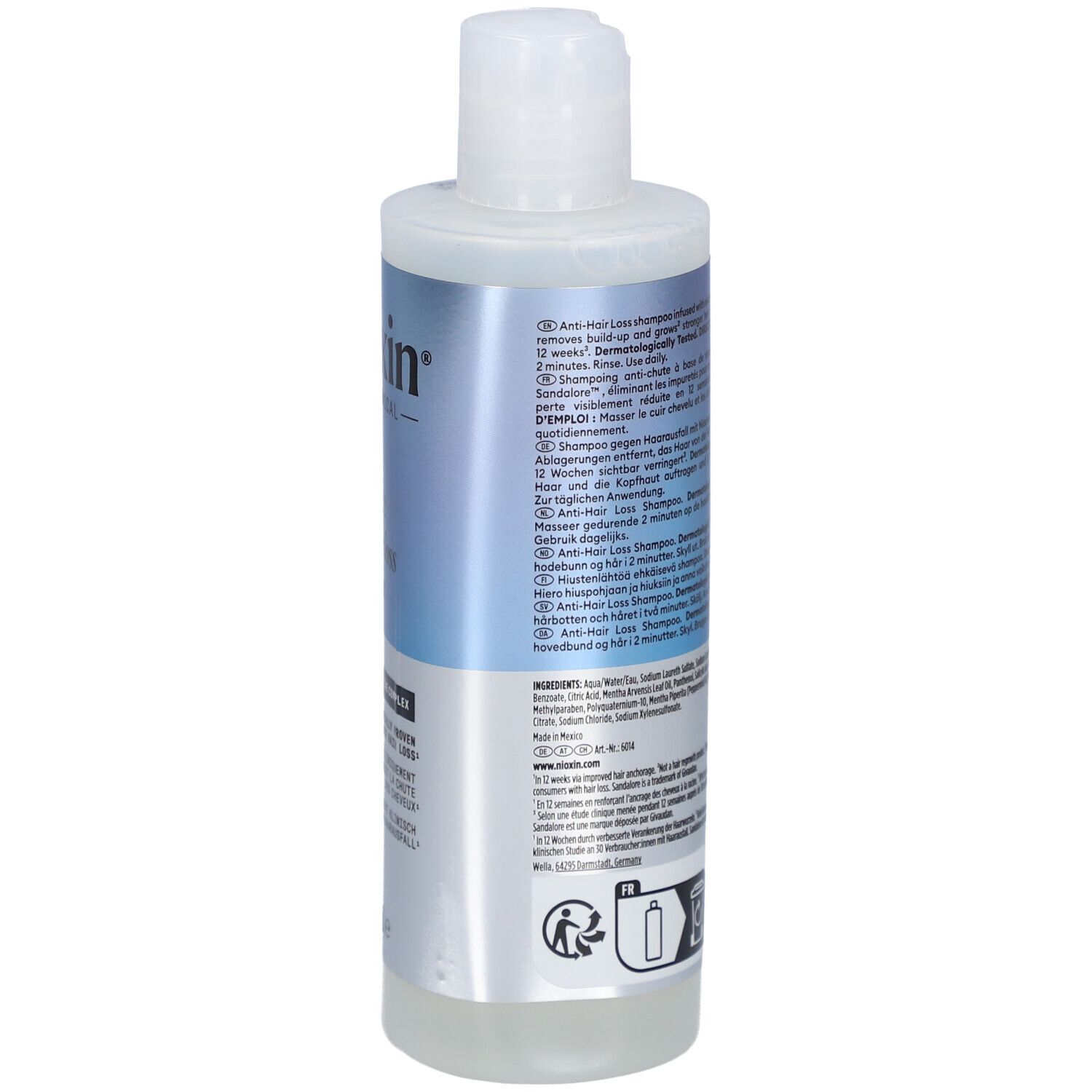 Achterkant van de Nioxin shampoo fles. Witte fles met tekst. Bevat product- en gebruiksinformatie.