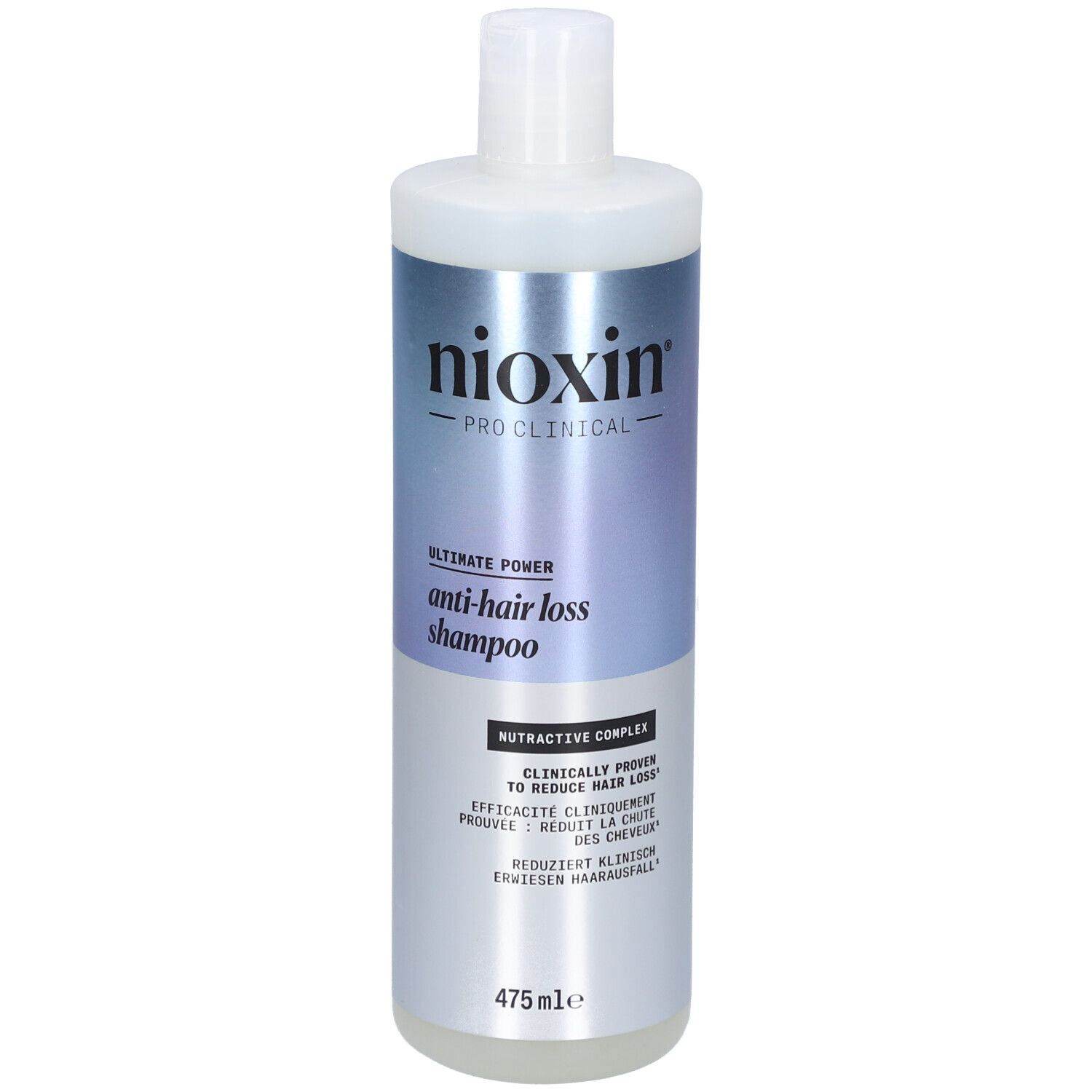 Nioxin anti-haaruitval shampoo. Witte fles met blauw-zilveren etiket. Bevat tekst in meerdere talen.