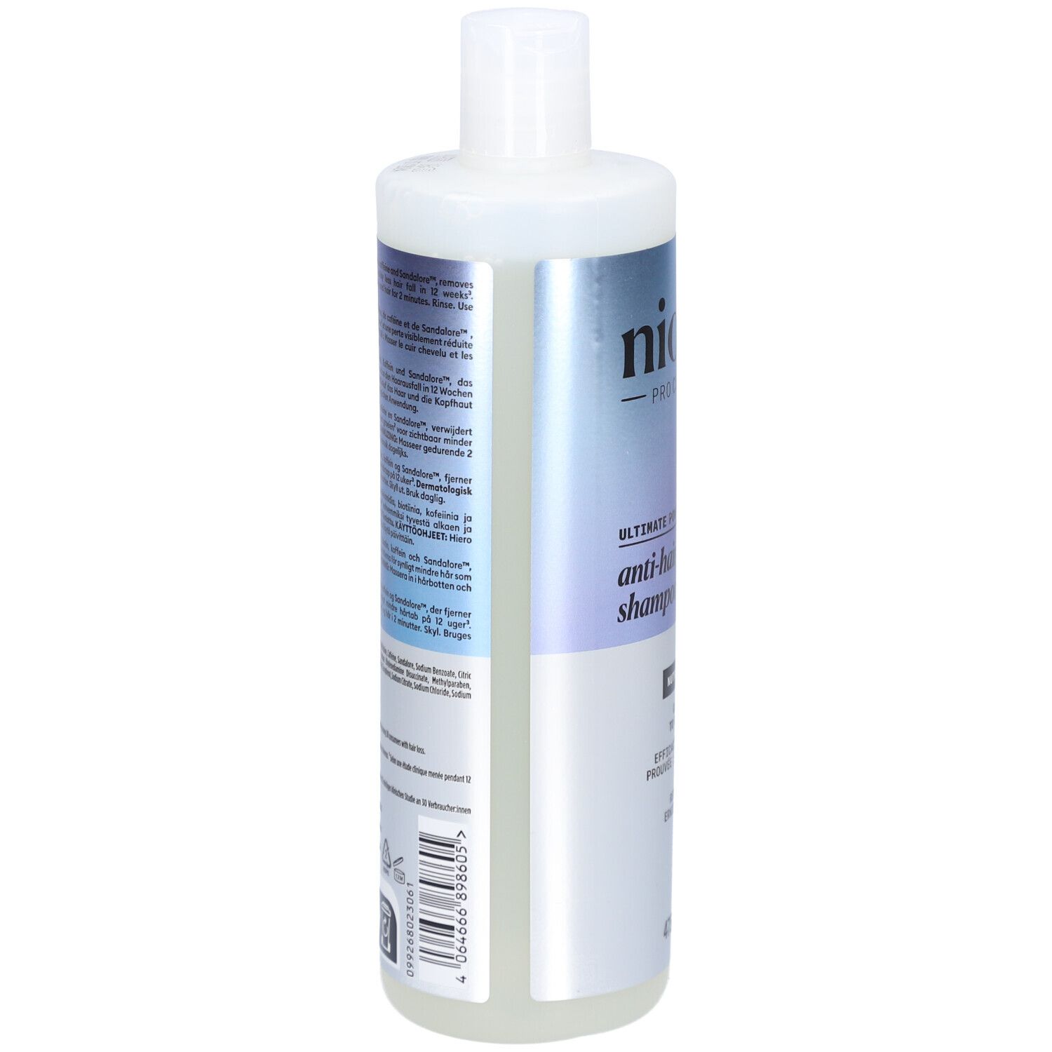 Achterkant van de Nioxin shampoo fles. Bevat tekst in meerdere talen, inclusief gebruiksinformatie.