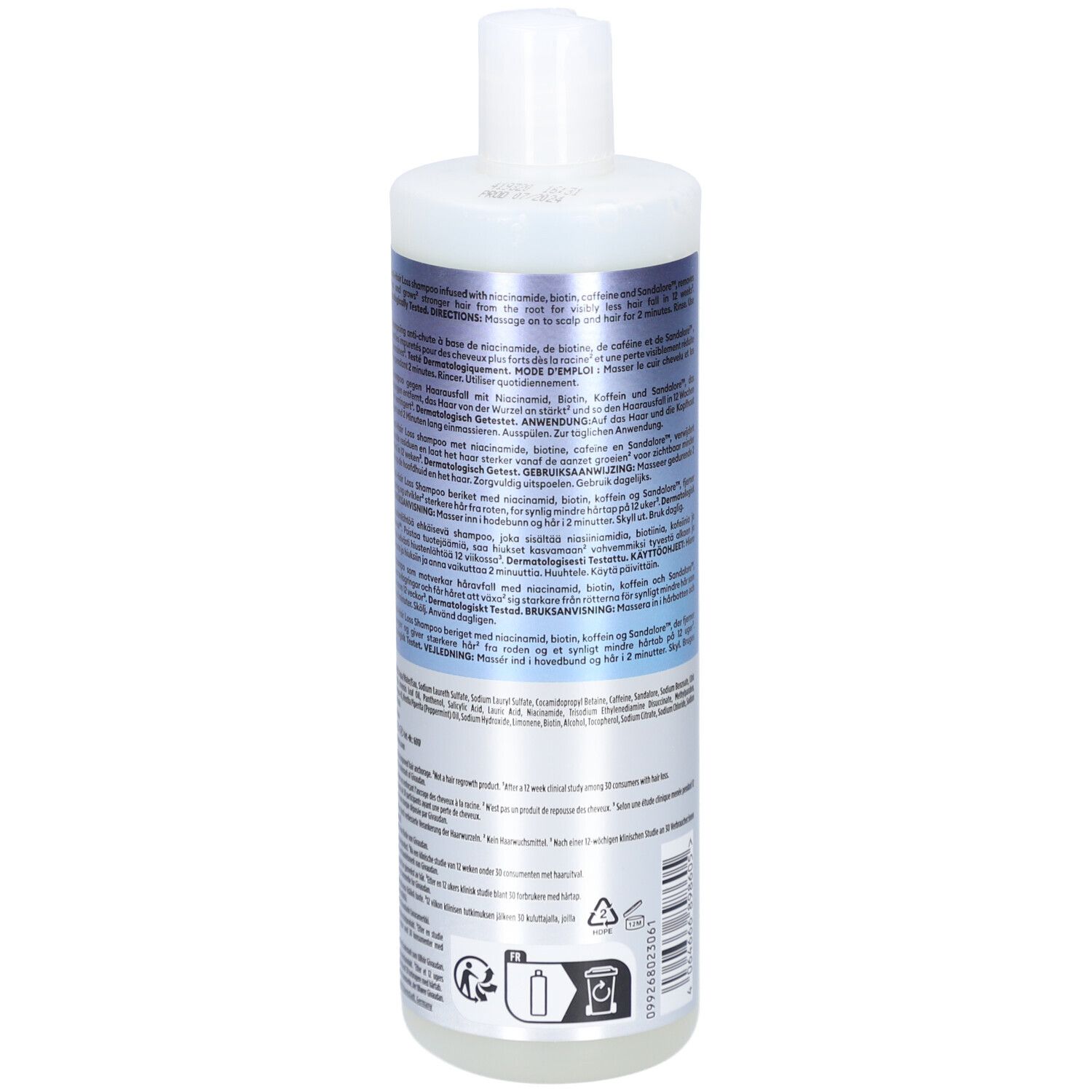 Achterkant van de Nioxin shampoo fles. Bevat tekst in meerdere talen, inclusief gebruiksinformatie.