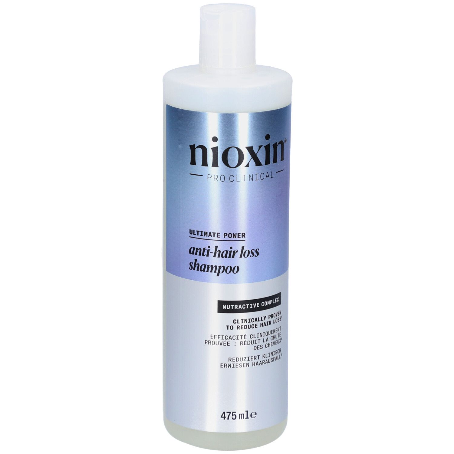 Nioxin anti-haaruitval shampoo. Witte fles met blauw-zilveren etiket. Bevat tekst in meerdere talen.