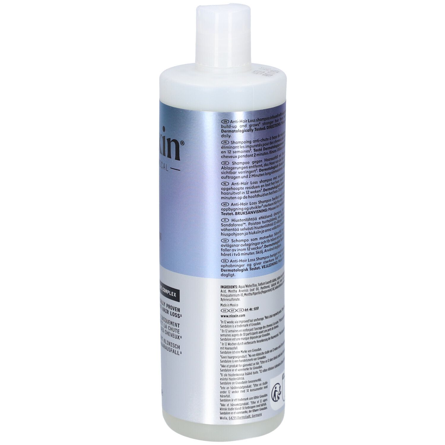 Achterkant van de Nioxin shampoo fles. Bevat tekst in meerdere talen, inclusief gebruiksinformatie.