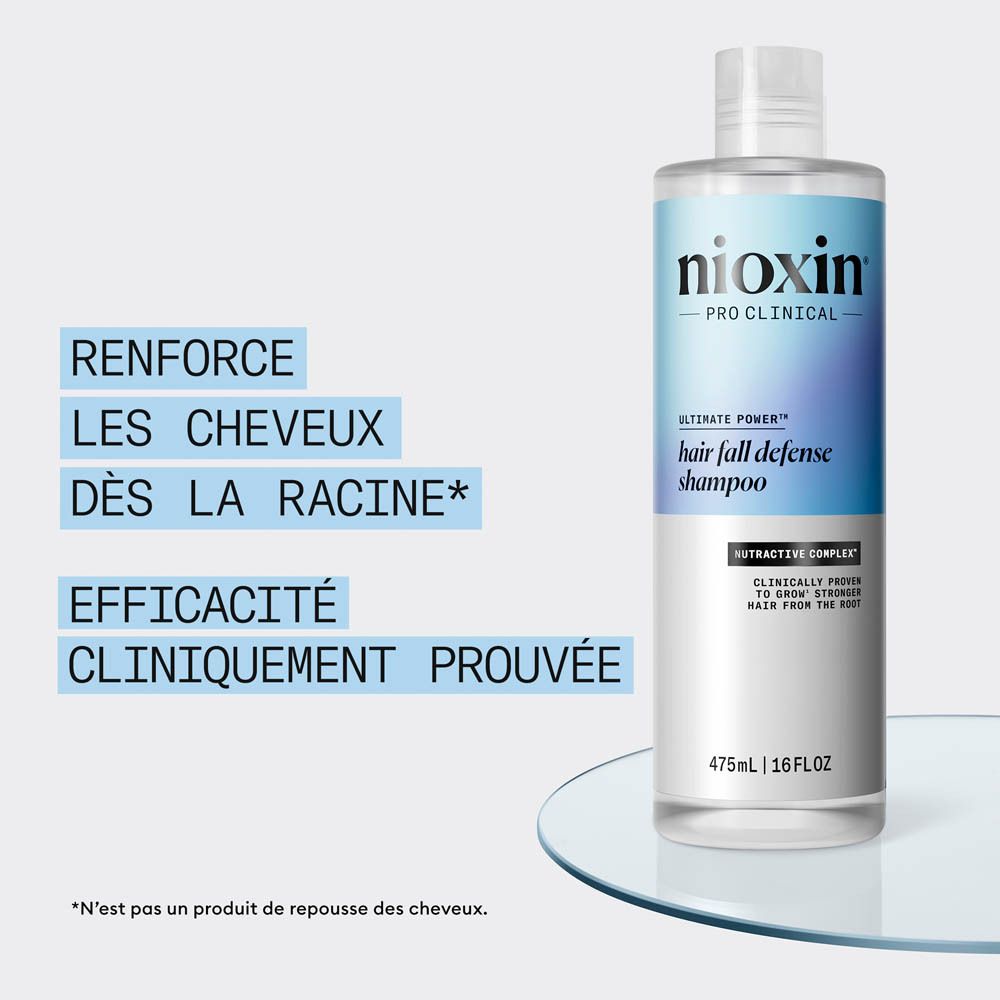 Bouteille de shampoing Nioxin Pro Clinical Hair Fall Defense, 475ml.