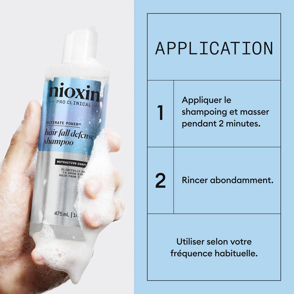 Nioxin Pro Clinical Shampoo anti-chute, 475ml, tenu dans une main avec de la mousse.