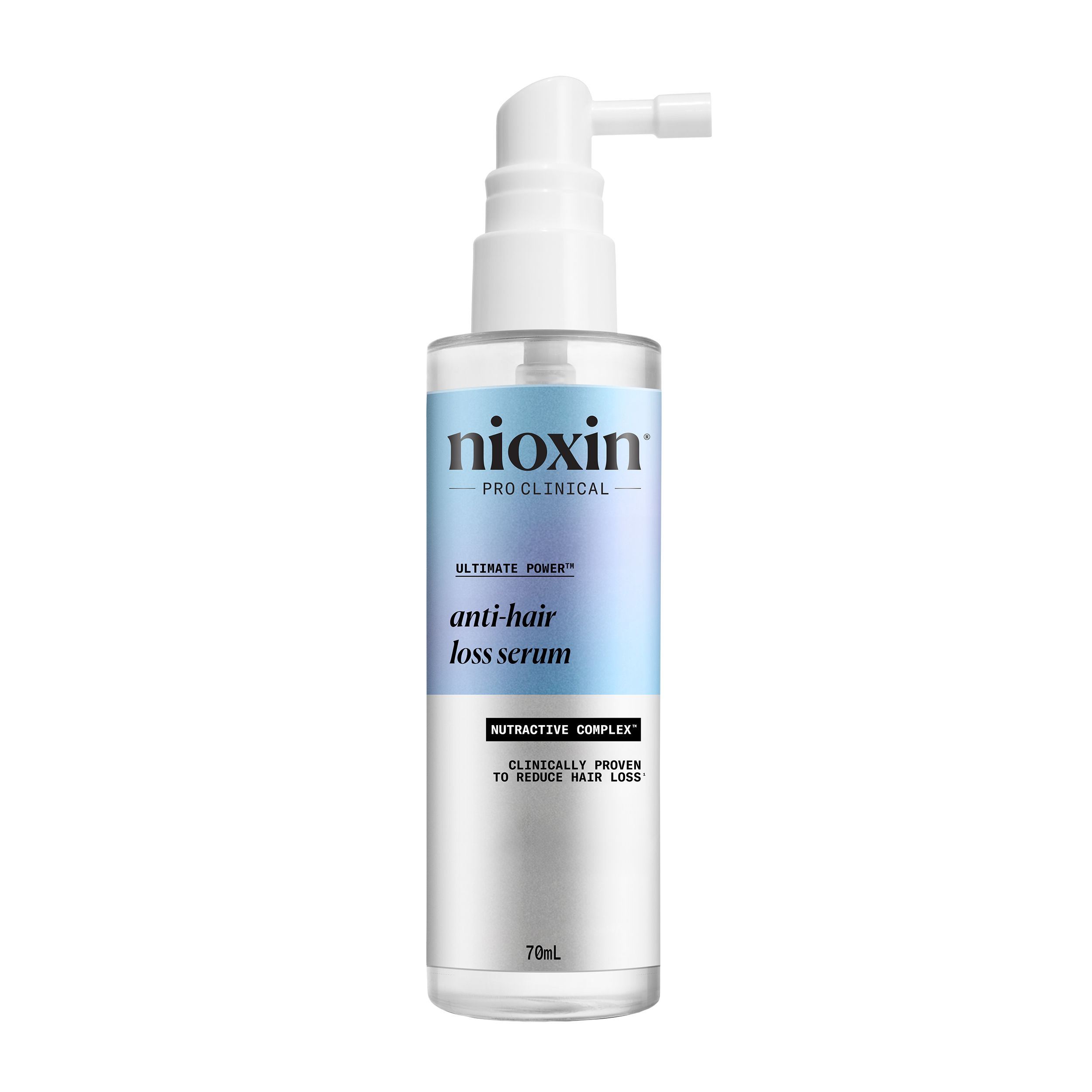 Serumfles met sproeikop. Opschrift: Nioxin, anti-haaruitval serum, 70ml.