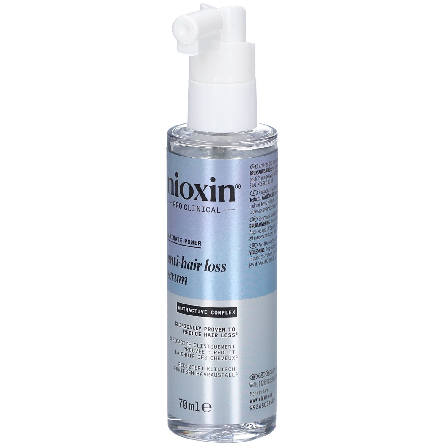 Flacon de sérum avec pompe. Inscriptions: Nioxin, sérum anti-chute, 70ml. Texte multilingue.