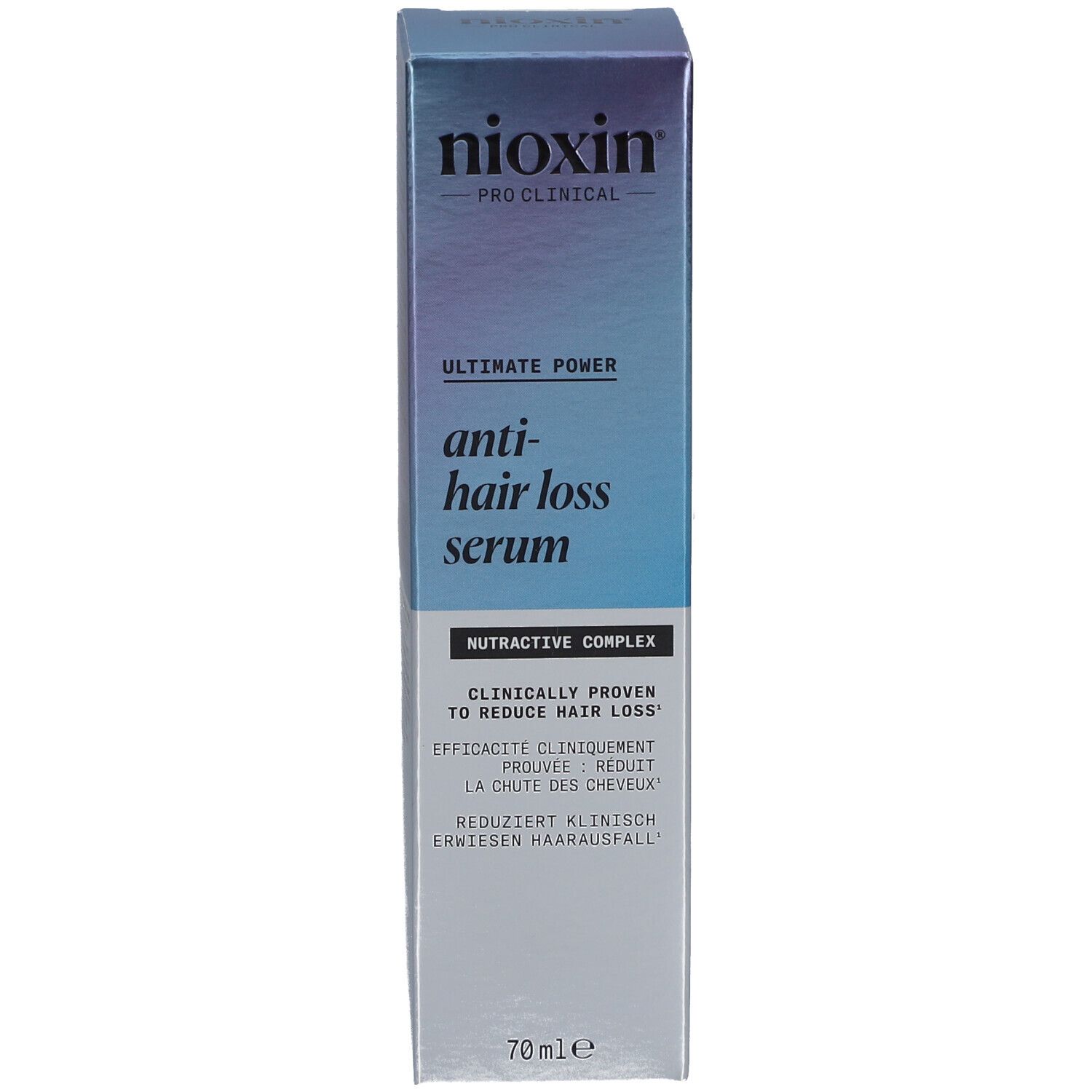 Emballage pour sérum anti-chute. Inscriptions: Nioxin, sérum anti-chute, 70ml. Texte multilingue.
