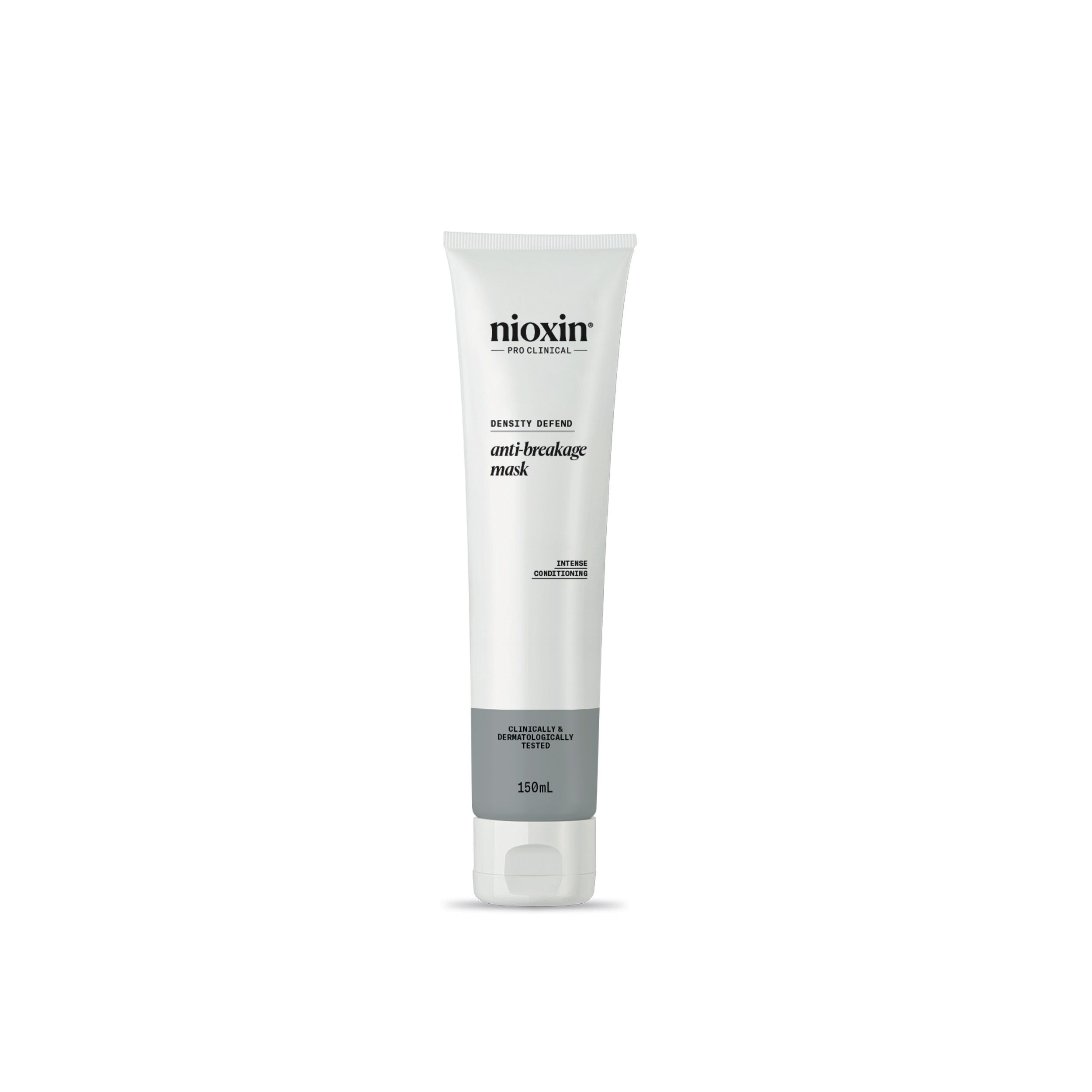 Witte tube met Nioxin-logo en productnaam. Tekst: Anti-Breakage Mask. 150ml. Klinisch en dermatologisch getest.