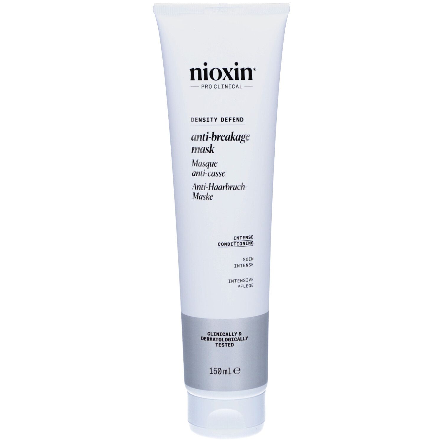 Witte tube met Nioxin-logo en productnaam. Tekst: Anti-Breakage Mask. 150ml. Klinisch en dermatologisch getest.