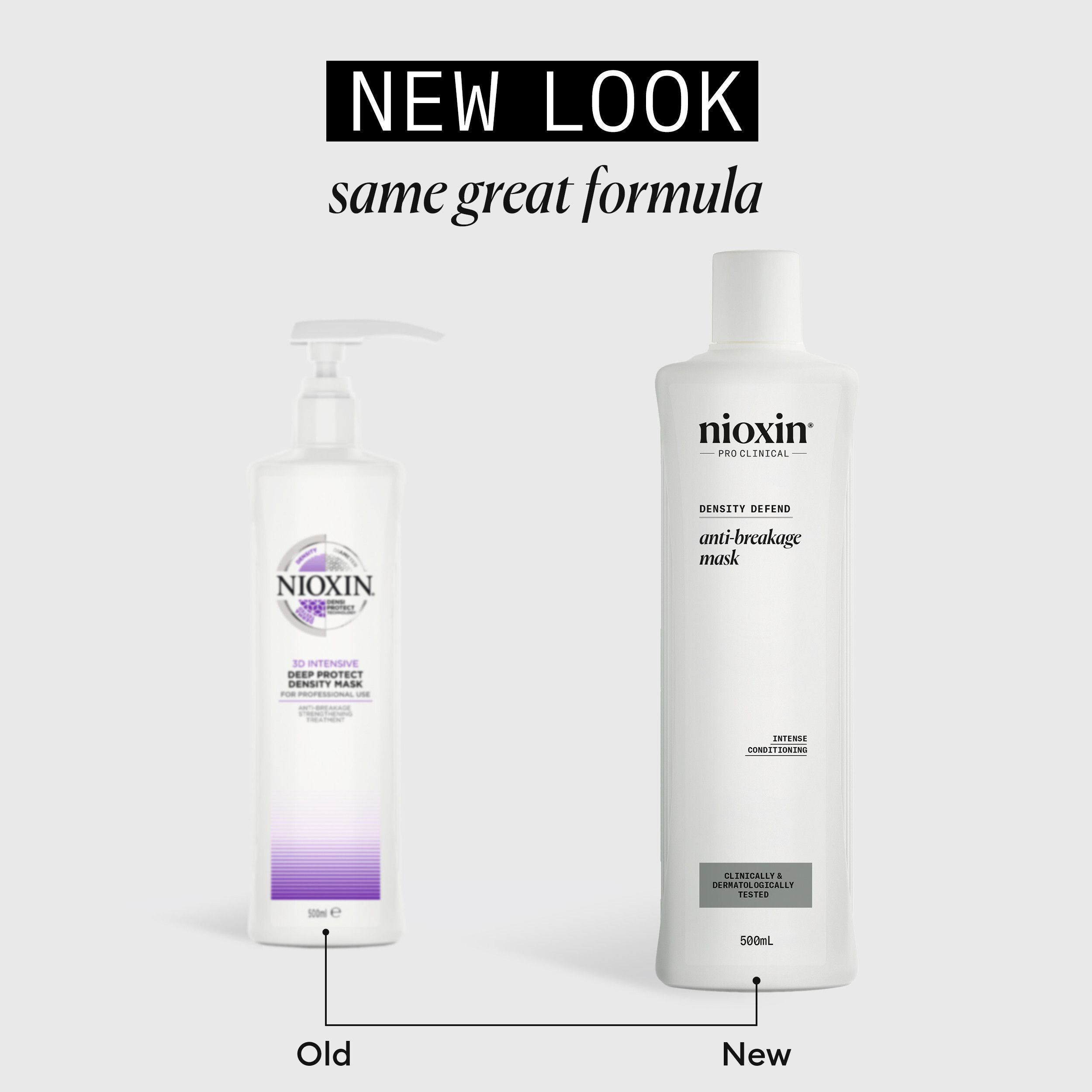 Twee flessen. Links: Oude verpakking. Rechts: Nieuwe verpakking. Tekst: New Look, same great formula. Nioxin.