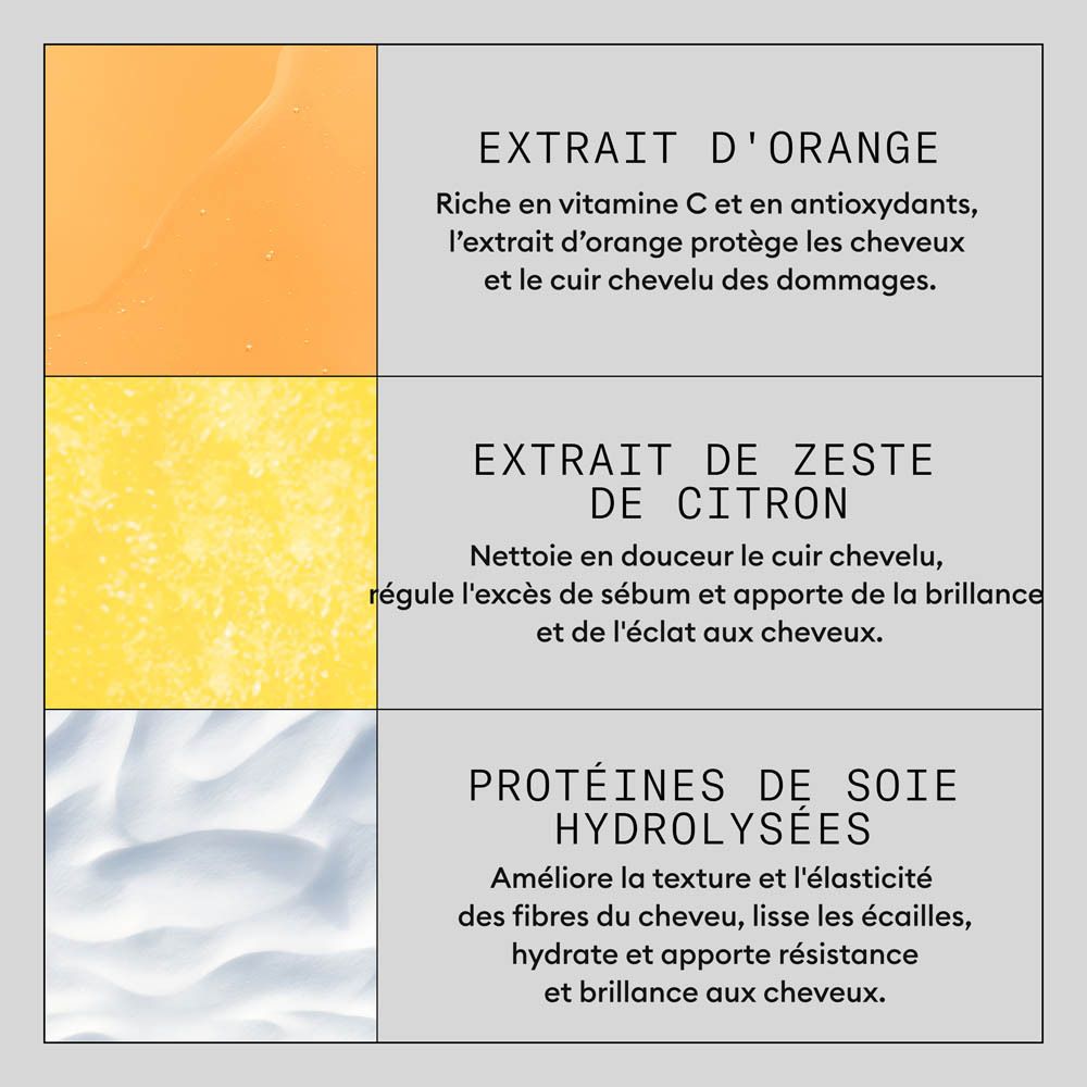 Extrait d'orange: Riche en vitamine C et antioxydants, protège cheveux et cuir chevelu.