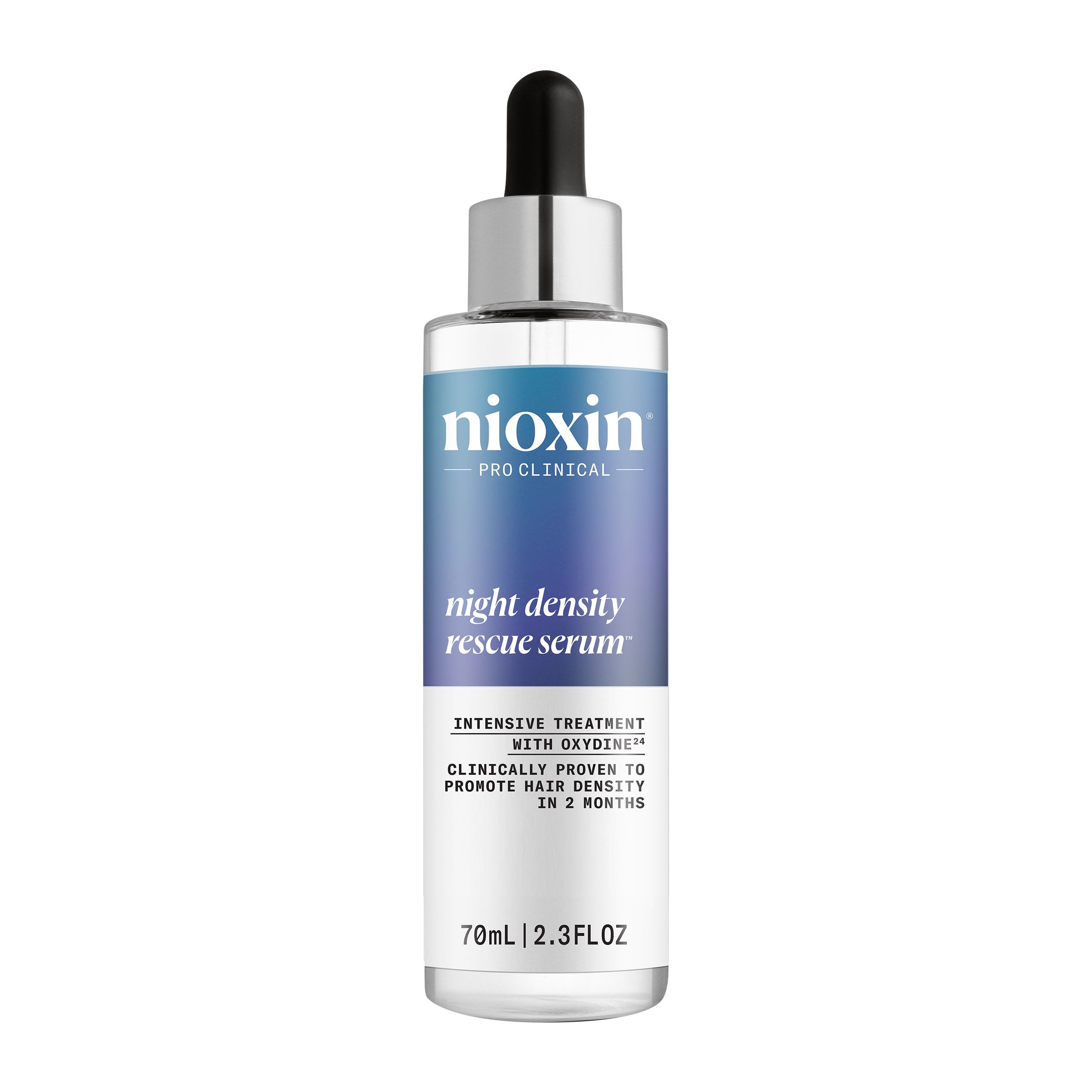 Nioxin Night Density Rescue Serum. Fles met pipet. Blauwe en witte etiketten. 70ml.