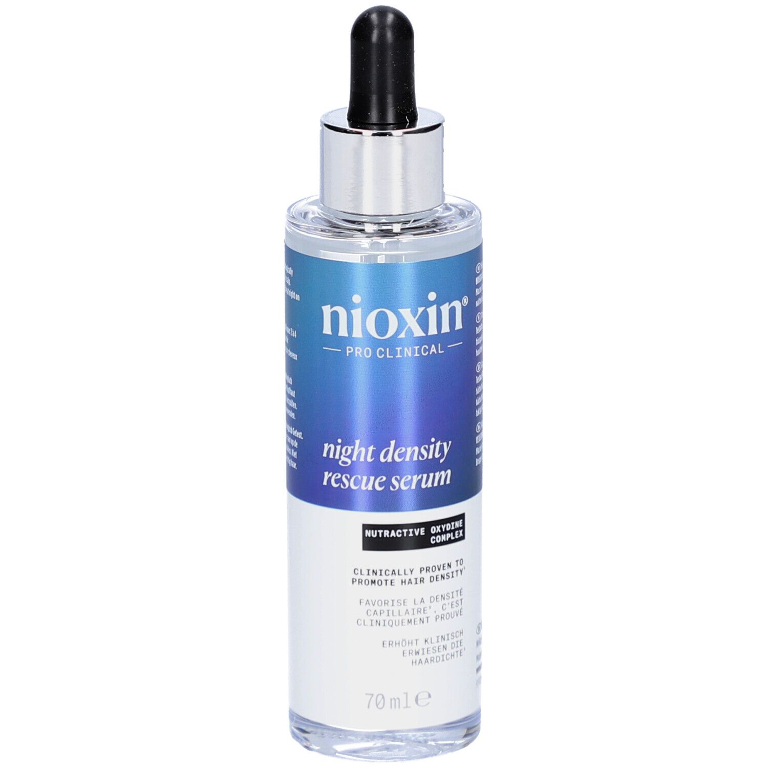 Nioxin Night Density Rescue Serum. Fles met pipet. Blauwe en witte etiketten. 70ml.