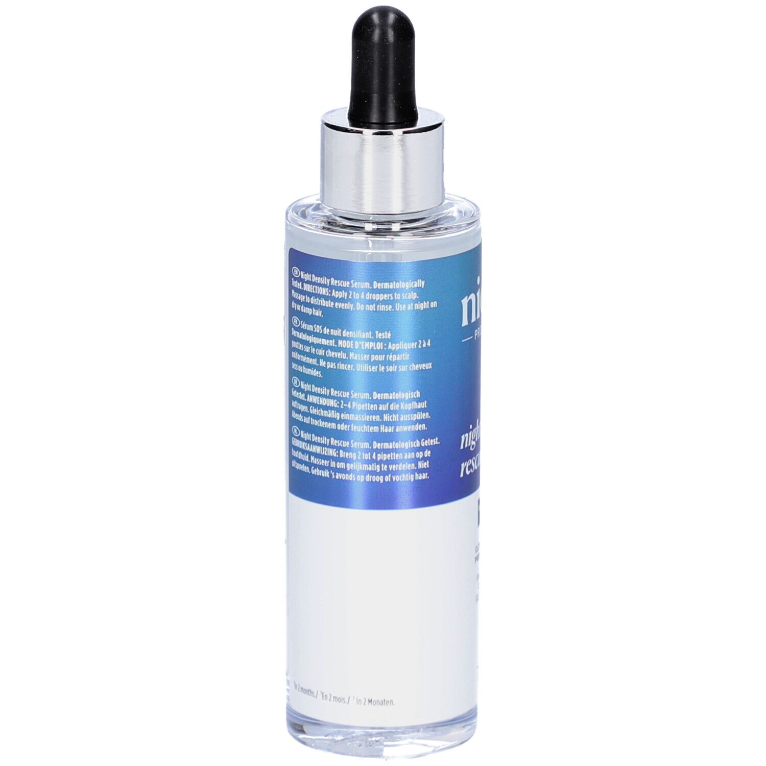 Achterkant van de Nioxin Night Density Rescue Serum fles. Meertalige tekst. 70ml.