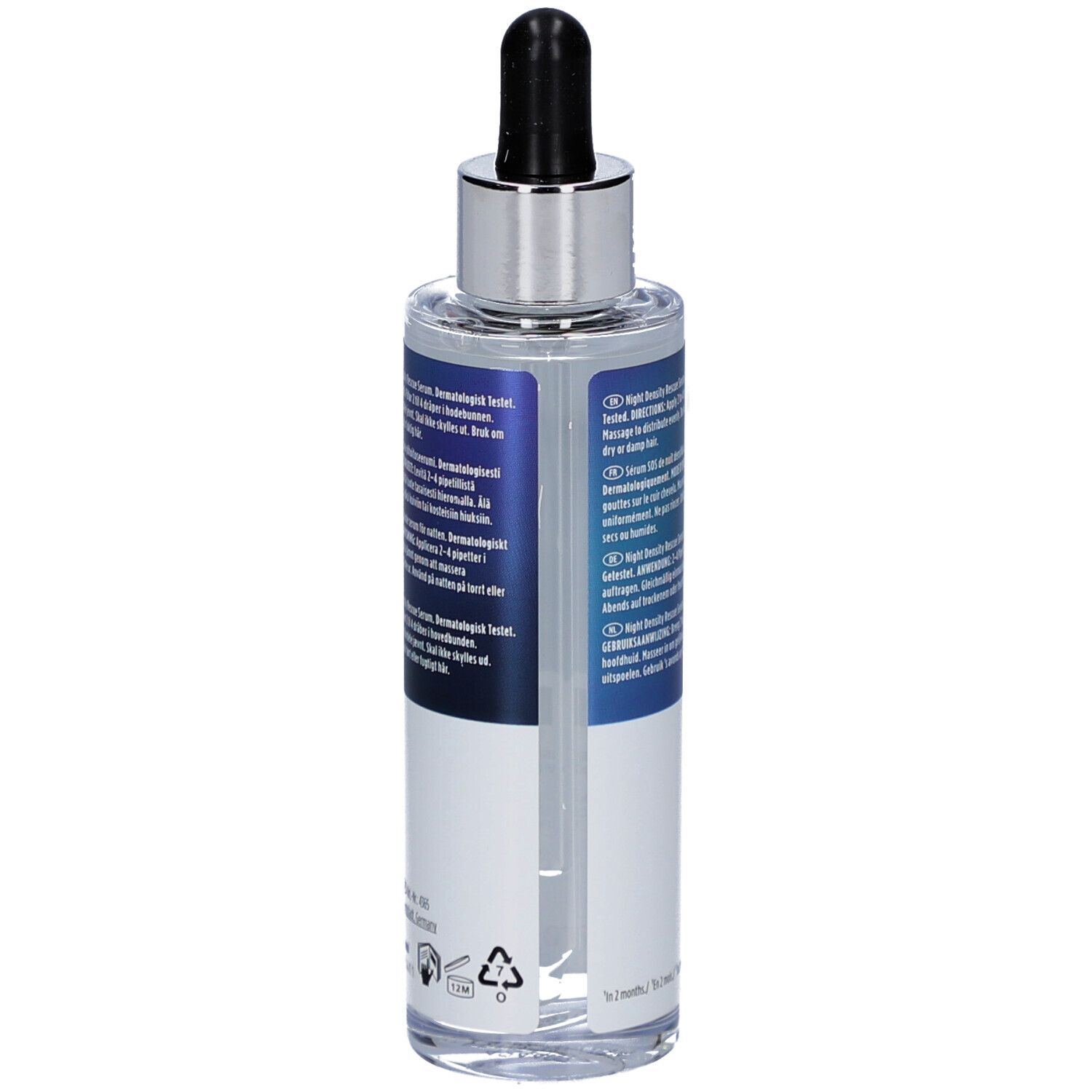 Achterkant van de Nioxin Night Density Rescue Serum fles. Meertalige tekst. 70ml.
