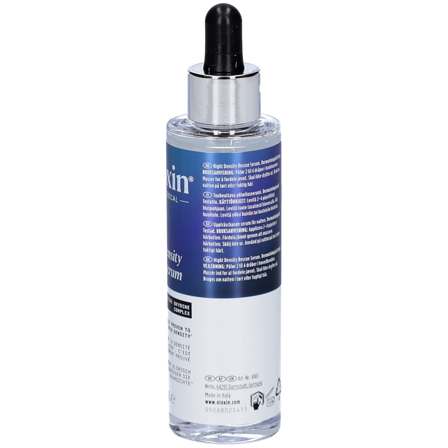 Achterkant van de Nioxin Night Density Rescue Serum fles. Meertalige tekst. 70ml.