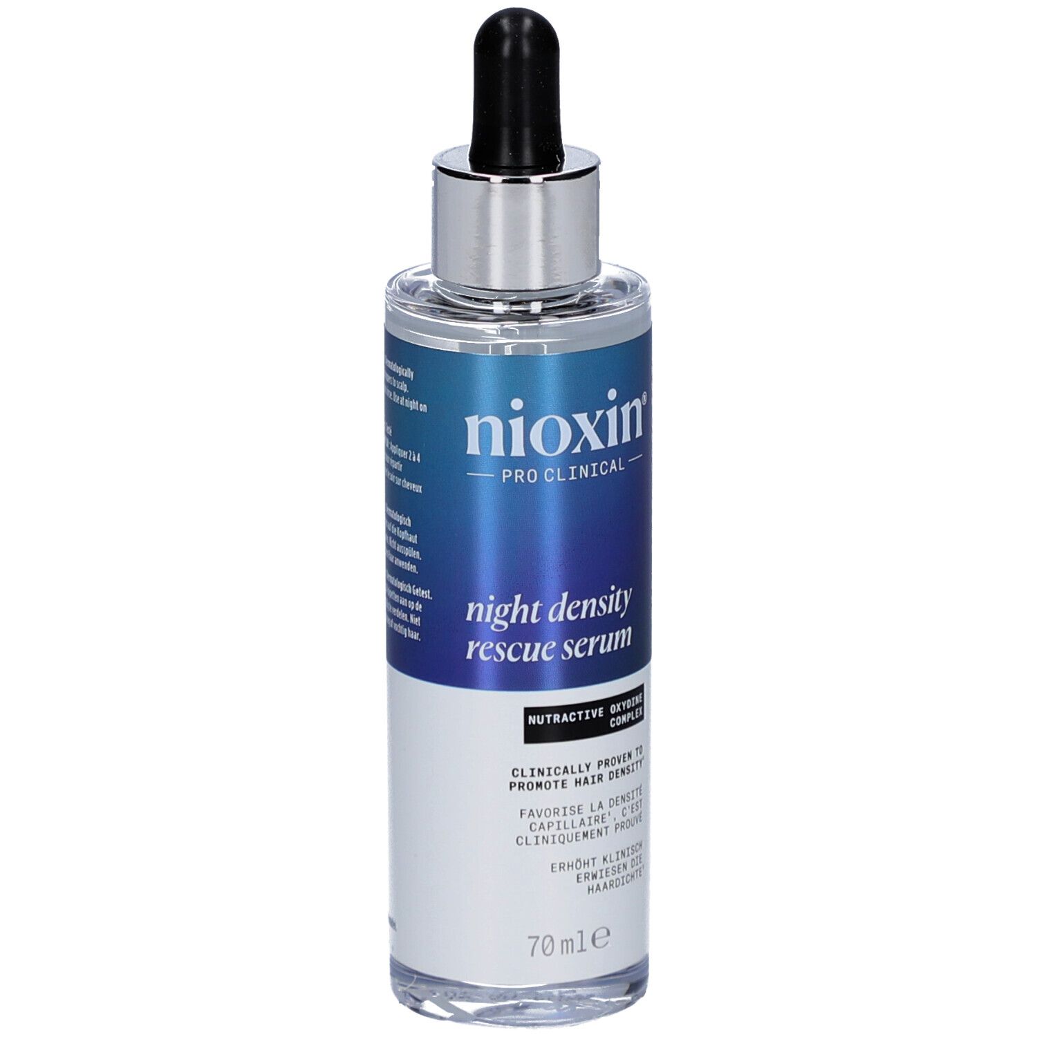 Nioxin Night Density Rescue Serum. Fles met pipet. Blauwe en witte etiketten. 70ml.