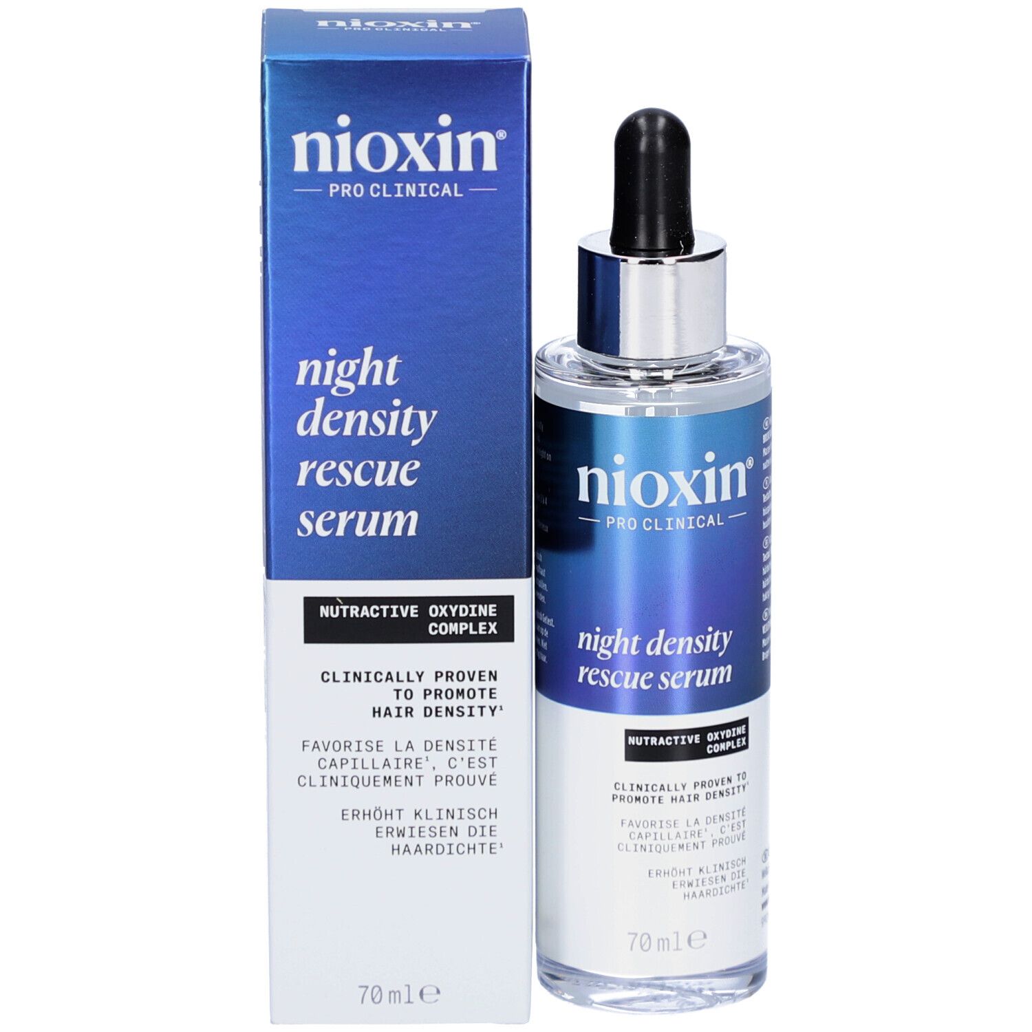 Nioxin Night Density Rescue Serum en verpakking. Blauwe doos met productinfo. 70ml.