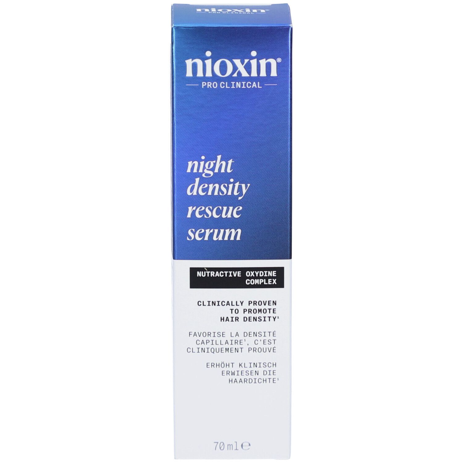 Verpakking van Nioxin Night Density Rescue Serum. Blauwe doos met productinfo. 70ml.