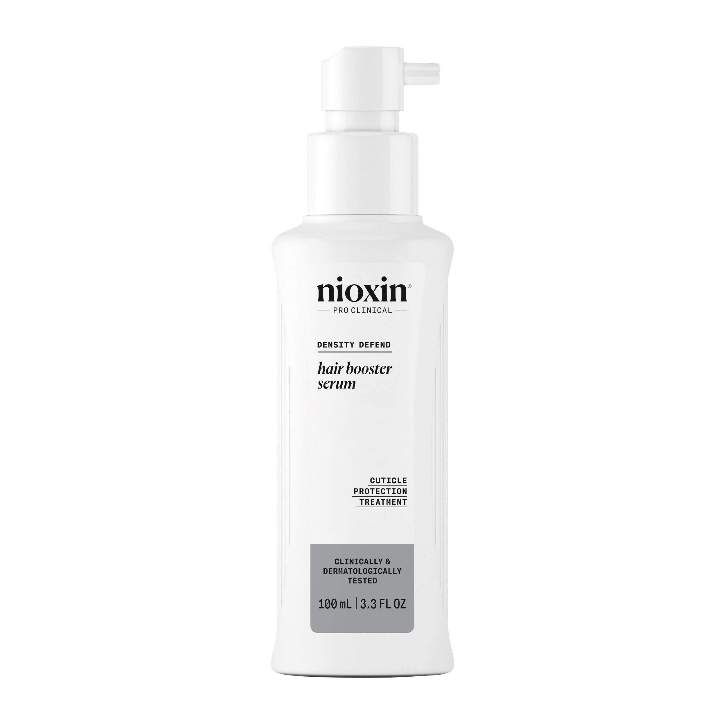 Flacon blanc de sérum Nioxin Hair Booster. Nom du produit et texte sur le flacon. 100ml.