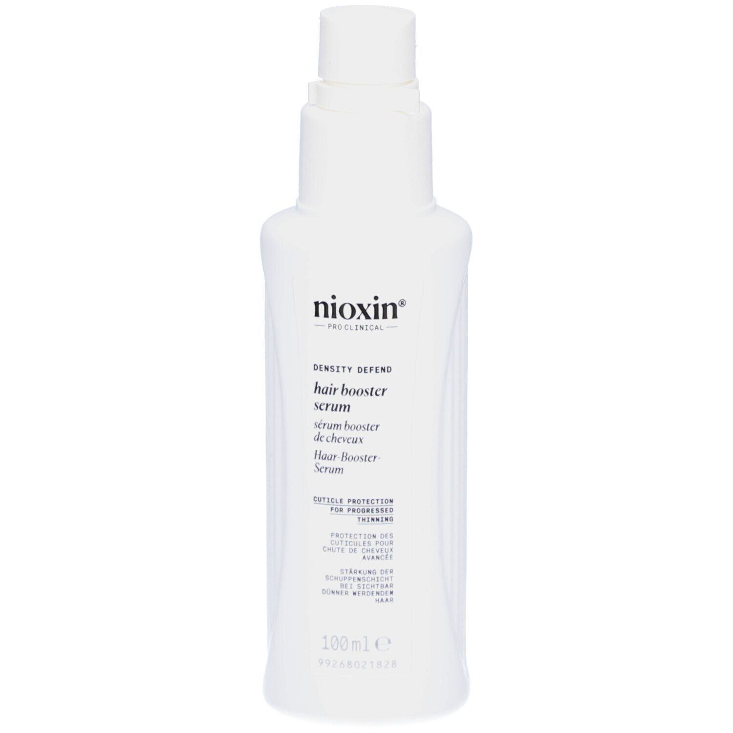Flacon blanc de sérum Nioxin Hair Booster. Nom du produit et texte sur le flacon. 100ml.