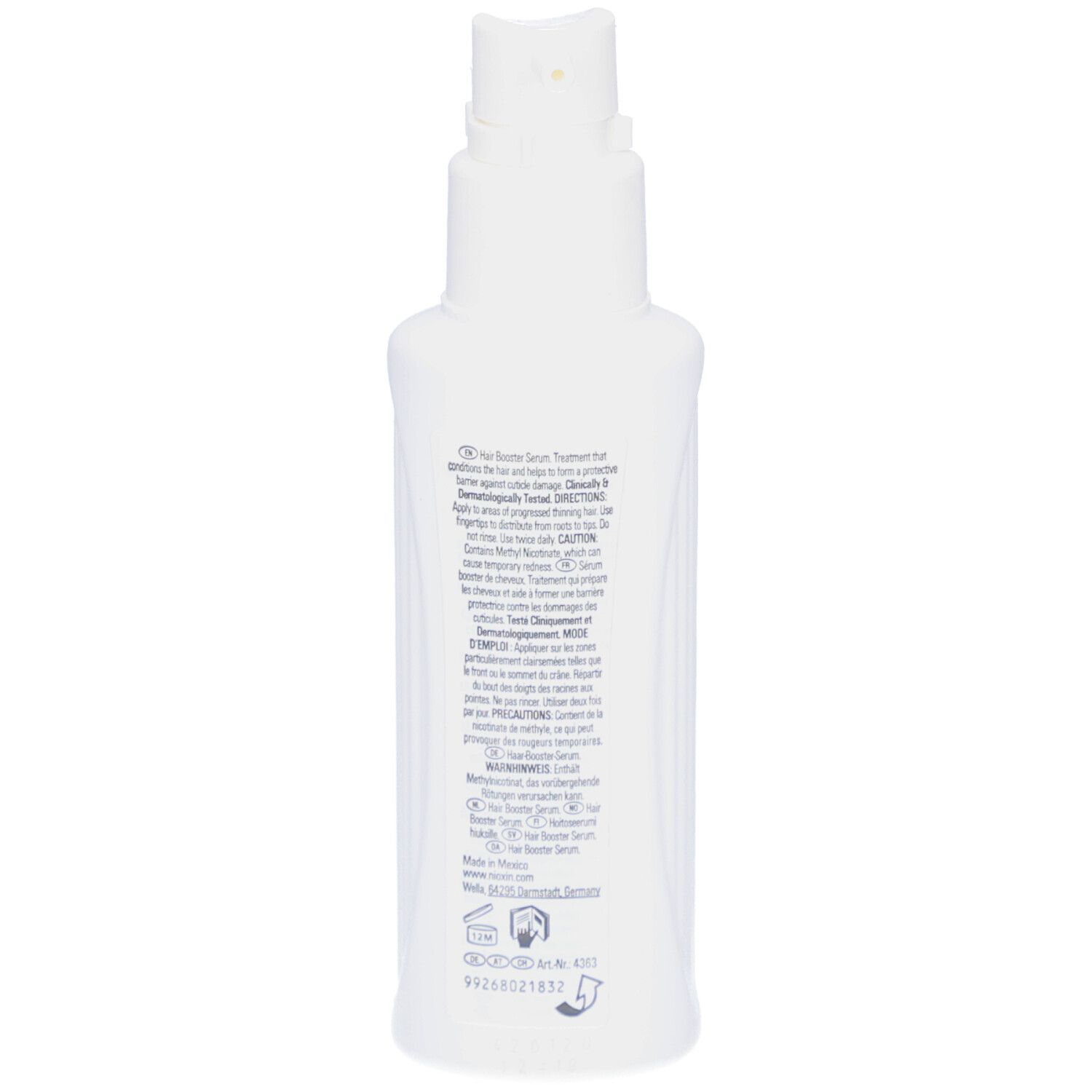 Dos du flacon blanc avec texte. Informations sur le produit et avertissements. Informations sur le fabricant.