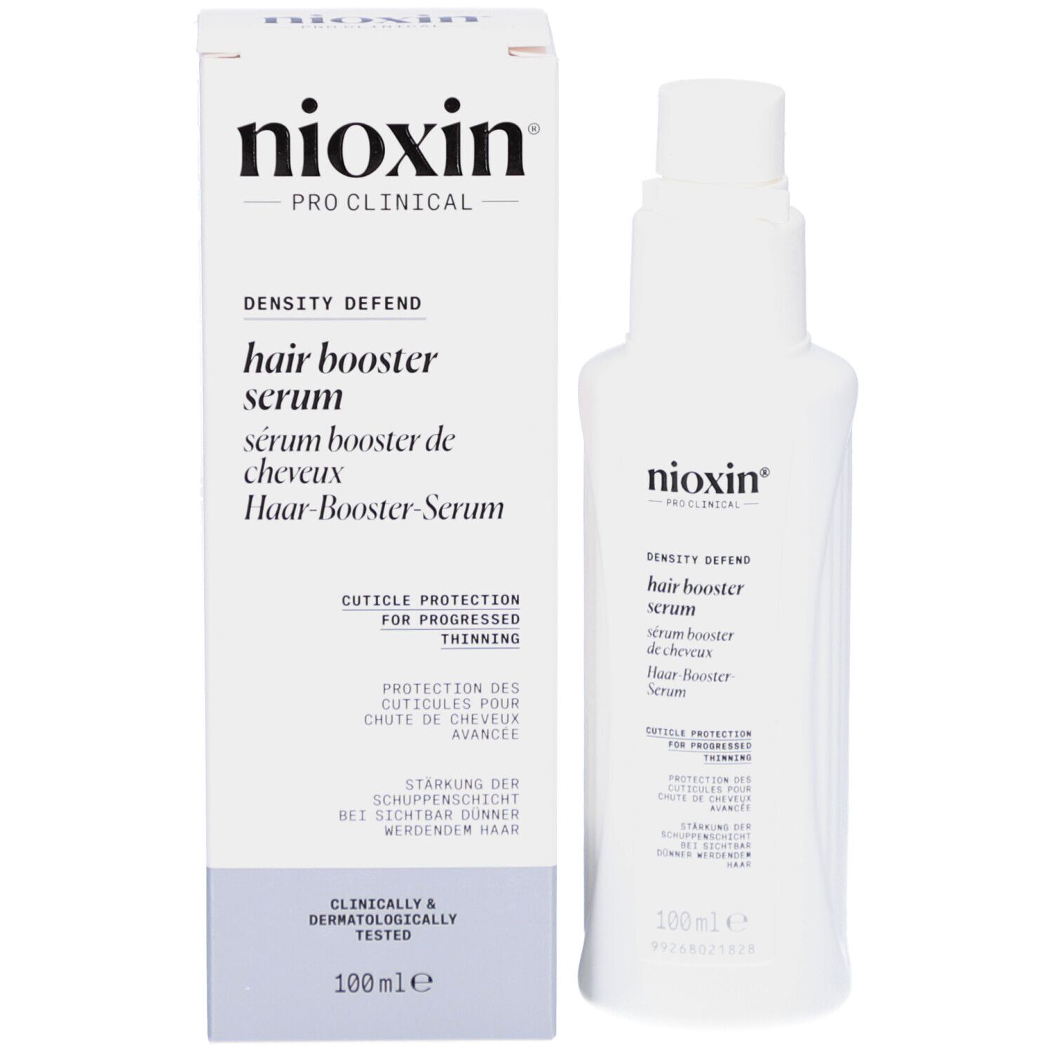 Emballage du produit avec sérum Nioxin Hair Booster et flacon. Nom du produit et texte. 100ml.
