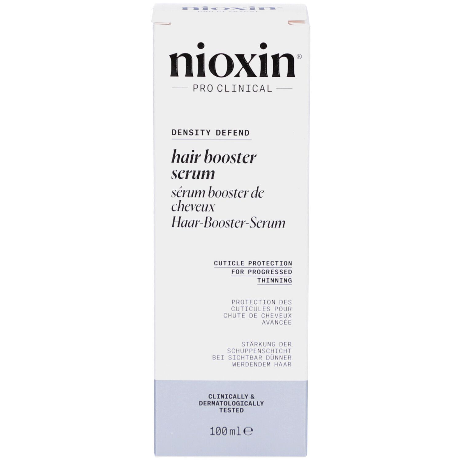 Emballage du produit avec sérum Nioxin Hair Booster. Nom du produit et texte. 100ml.